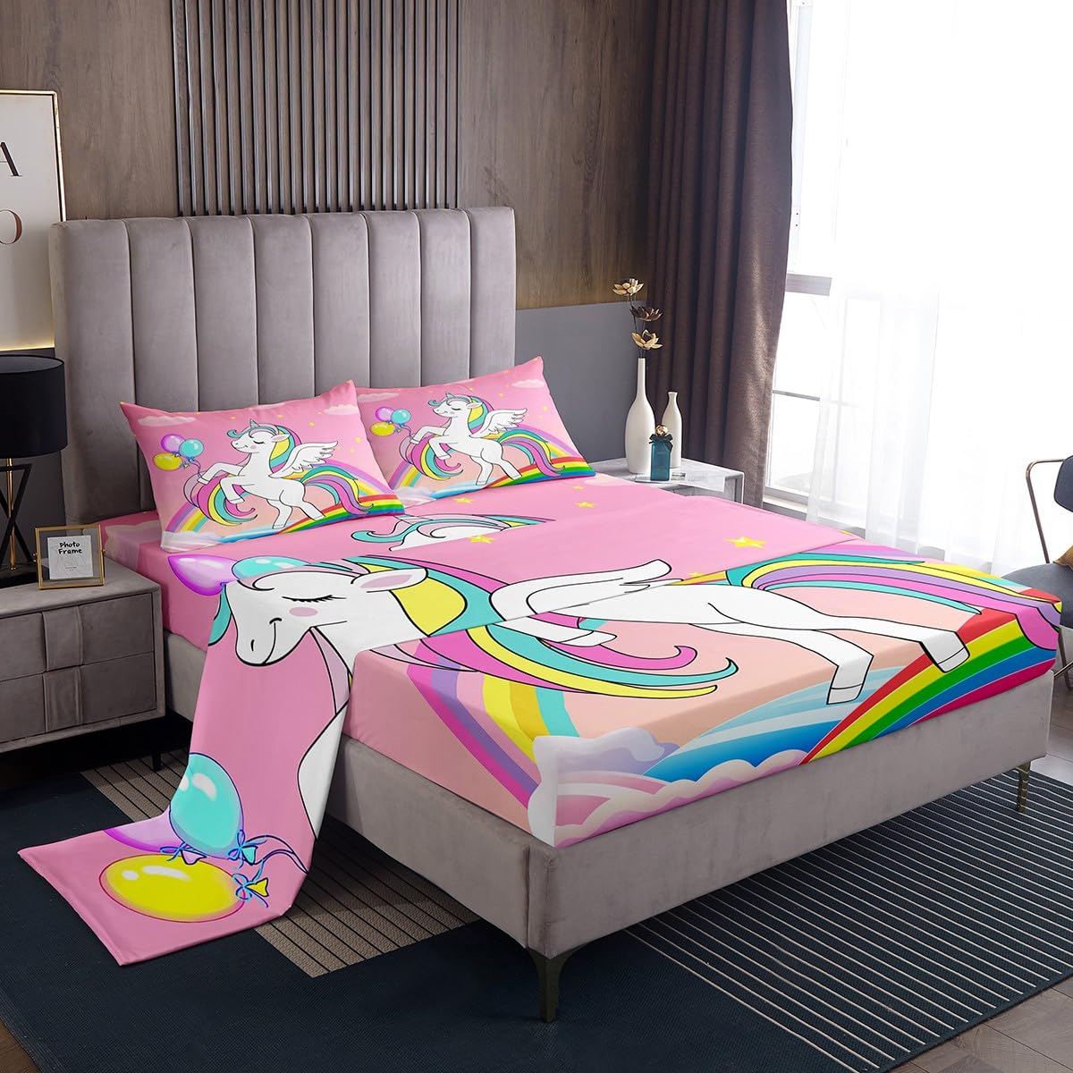 Juego de sábanas de unicornio para niñas, lindo juego de sábanas de unicornio con estrellas de arco iris con bolsillo profundo para niños, juego de ropa de cama de microfibra de caballo de ensueño de
