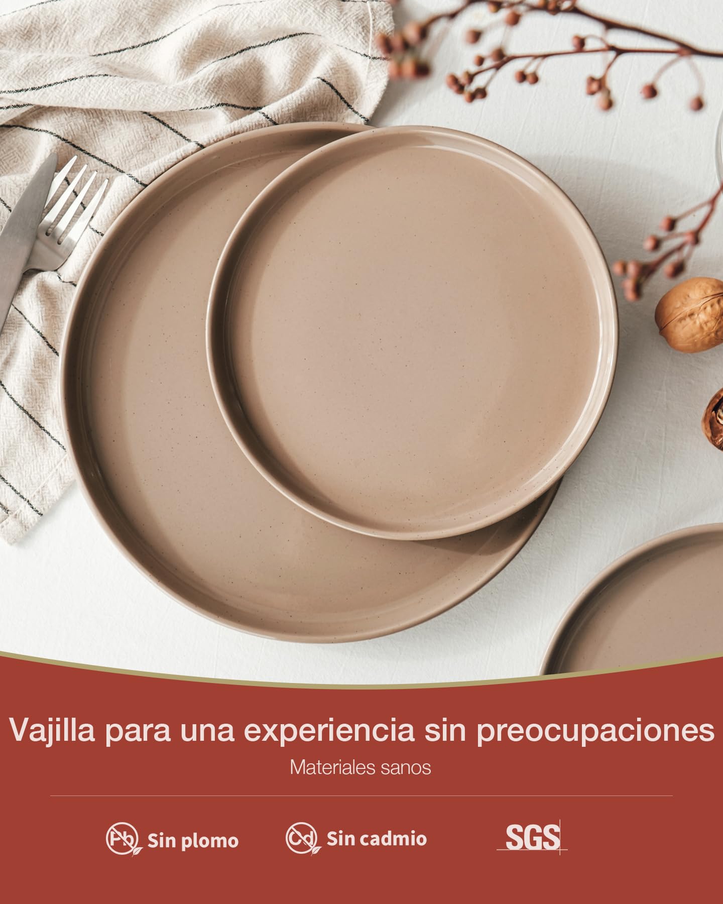 Richmount Milkyway vajilla de 12 piezas, platos y cuencos, canela marrón | Juego de vajilla de cerámica con platos llanos, platos de postre y cuencos para desayuno, apto para microondas y lavavajillas