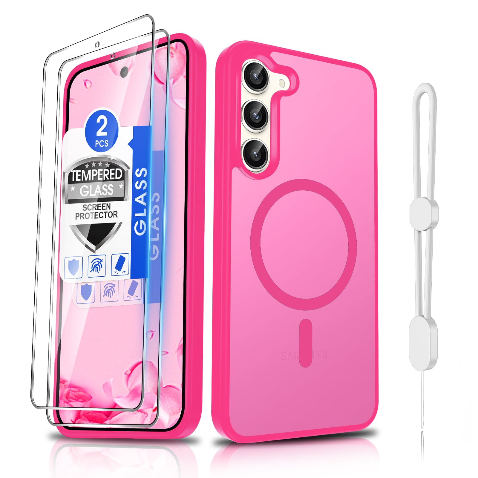 Dizn for Samsung Galaxy Phone Case with Tempered Glass Screen Protector, Wireless Charging Matte Translucent Soft-Touch &amp; Military-Grade Shockproof for Samsung Galaxy S23 Plus(6.6"),Hot Pink