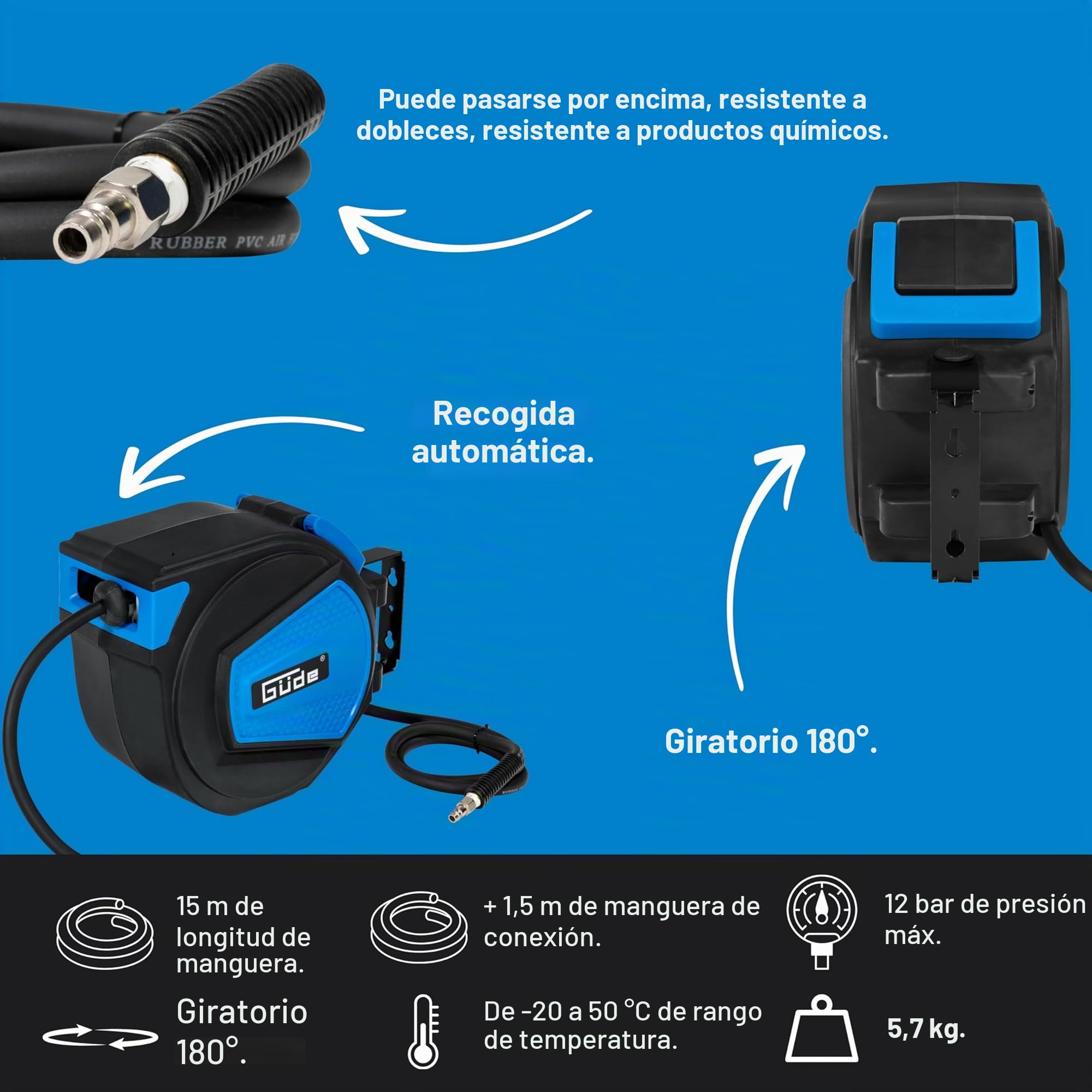 Güde Carrete de manguera automático 2882, 15 m (12 bares máx. presión de trabajo, 9,5 mm de diámetro interior, 3 mm de grosor de pared)