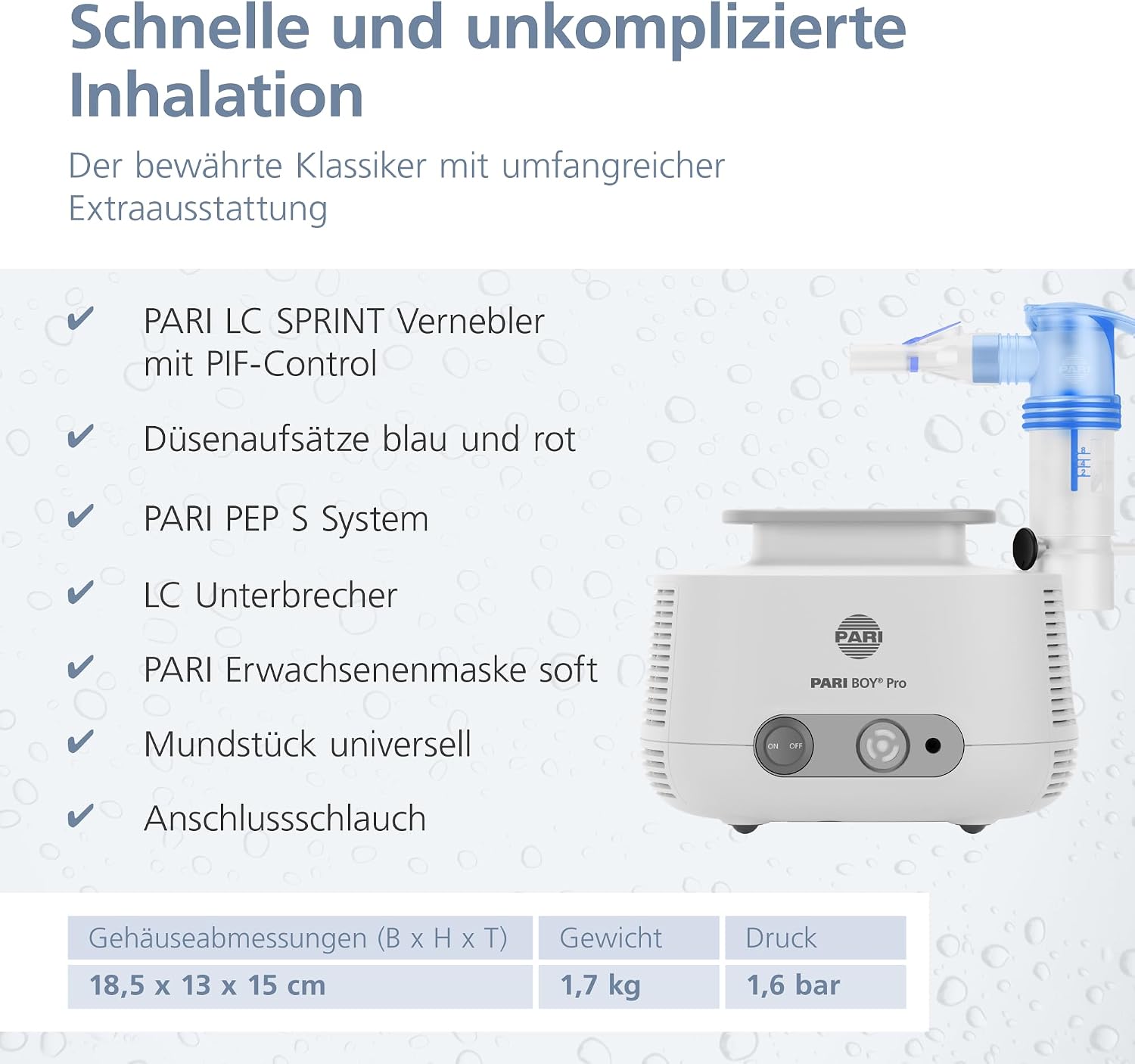 Diagram showing PARI BOY Pro compressor and various nebulizer components