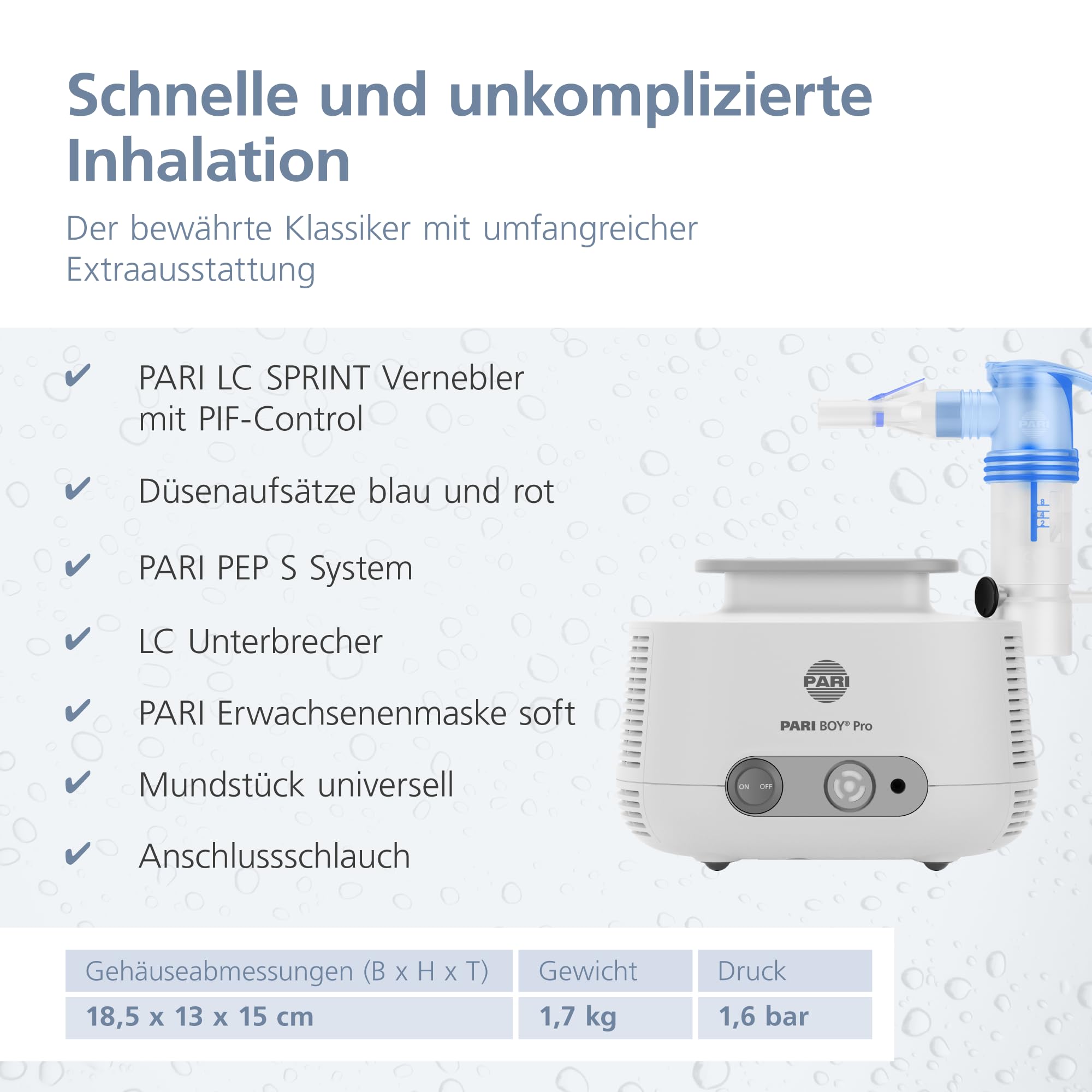 PARI BOY® Pro - Inhalationsgerät für Erwachsene und Kinder ab 4 Jahren | inkl. PARI LC SPRINT Verneblerset mit PIF-Control, 2 Düsenaufsätzen, PARI PEP S System, LC Unterbrecher und Erwachsenenmaske