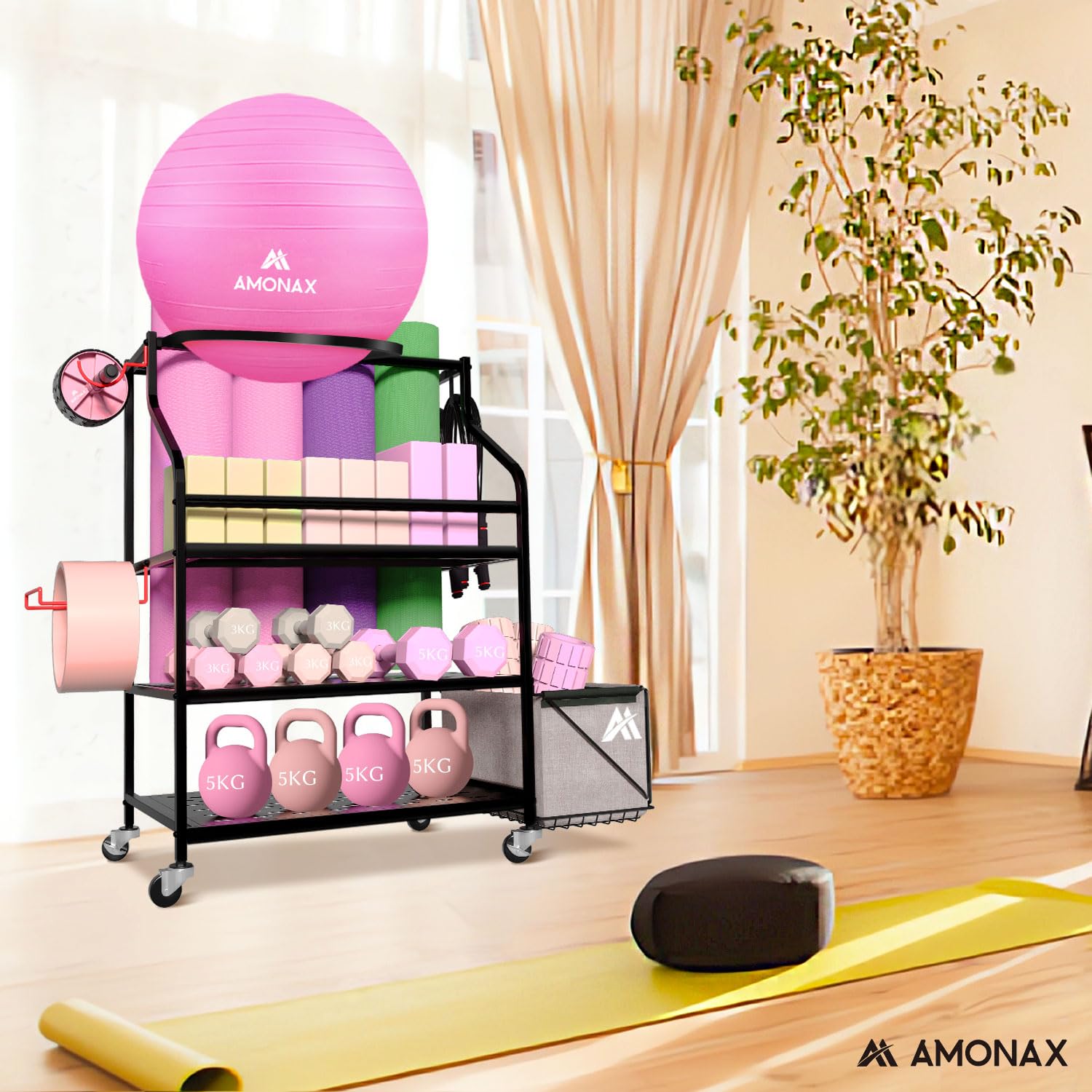 Amonax Rastrelliera Manubri Palestra, Yoga Organizer Kettlebell Rastrelliera Manubri, Porta Manubri Attrezzatura Palestra per Bilanciere, Rullo in Schiuma, Attrezzi per Palestra in Casa per Donne