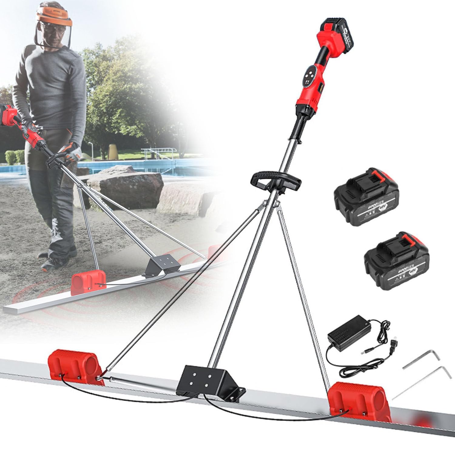 Raschietto Elettrico per calcestruzzo 150CM/180CM, Kit Vibrante per massetto in calcestruzzo, utensile per Finitura in calcestruzzo, 6000 Giri/min con Batteria Ricaricabile 2 * 25000mA,1.5m