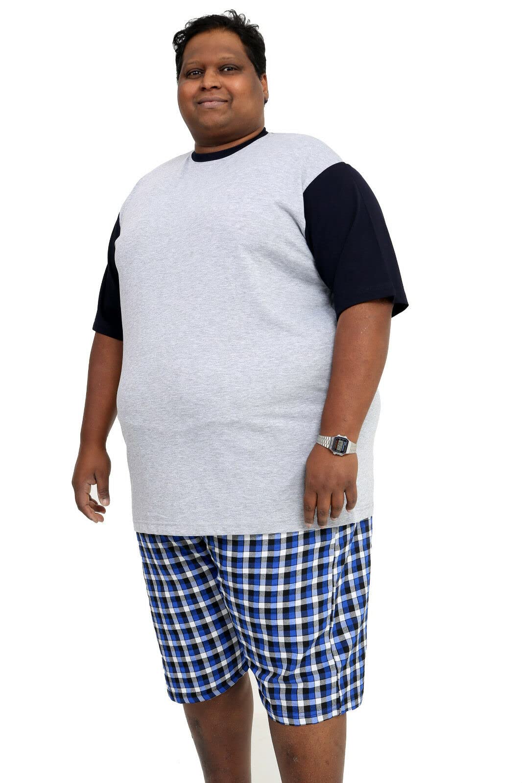 Big and Tall Size PJS Plain Pyjamas Set Plus Size Nightwear - Grey/Blue Check (6XL)