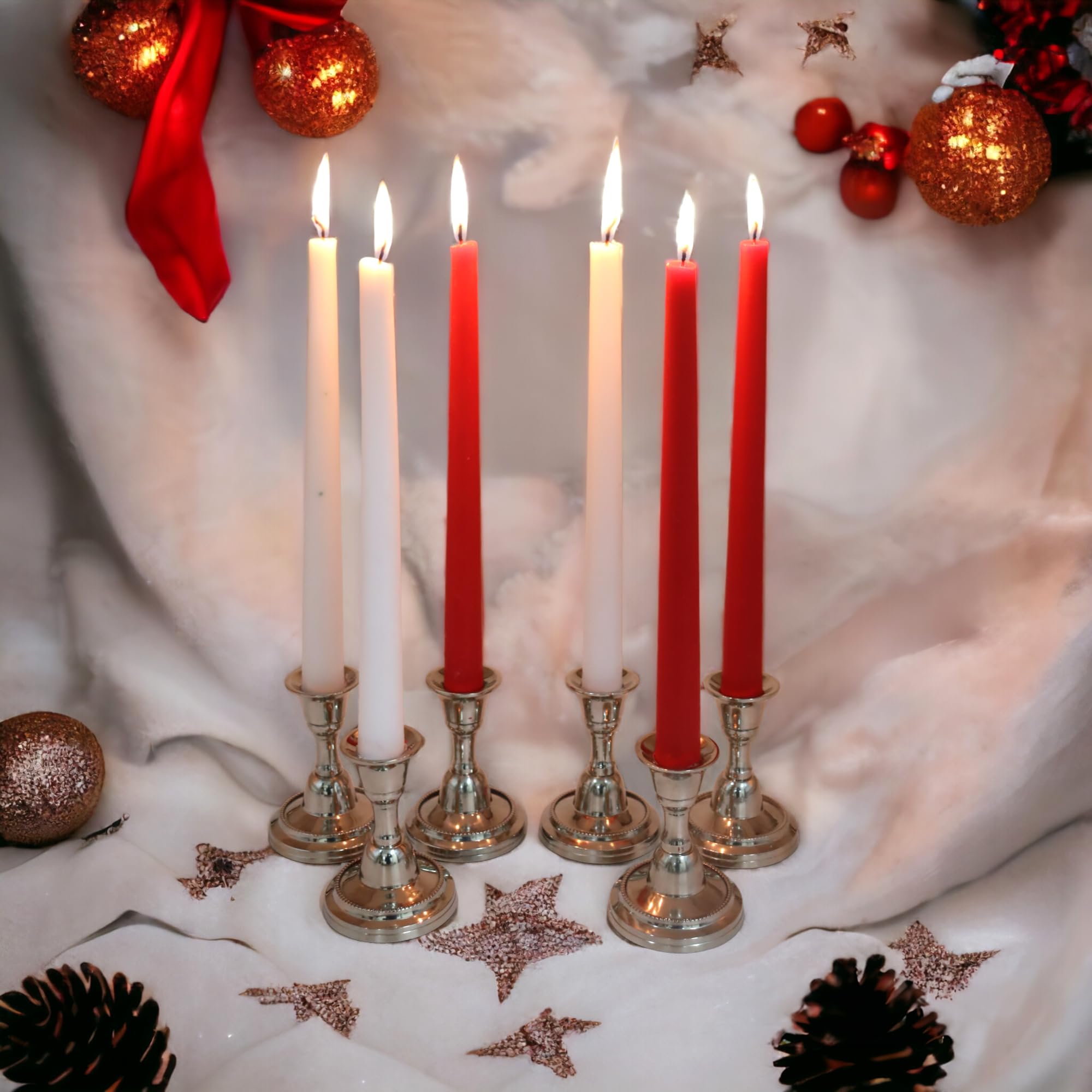 HOSLEY Unscented Taper Candles|Dinner Candles|Smokeless & Dripless|Celebration Candles|Long Burning|Perfect for Home Decor, Lighting|Burning Time 9 Hours|Pack of 6, White & Red,10 Inch Long,Wax-image-15