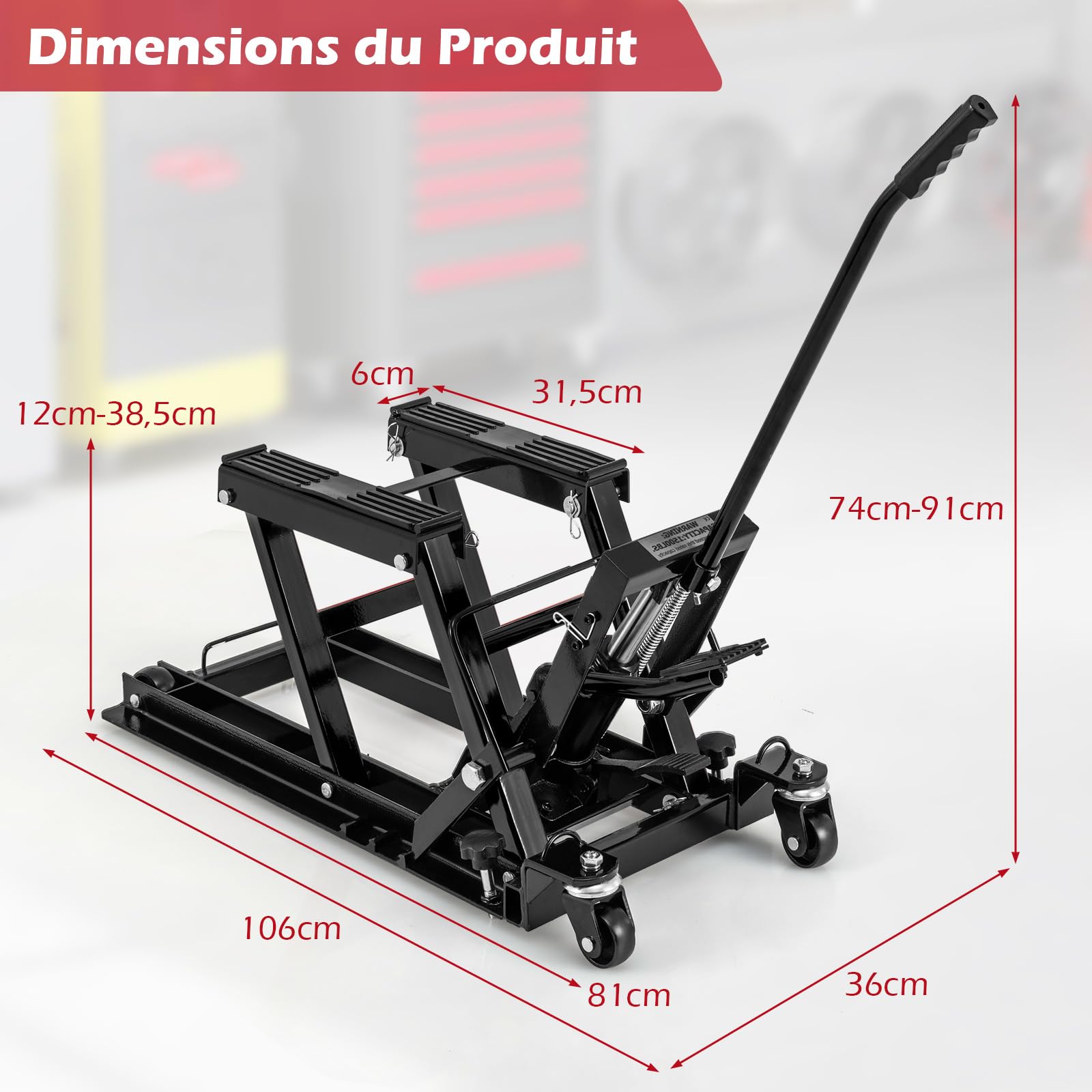 GYMAX Lève-Moto Charge 680KG, Cric de Moto Mobile avec 4 roulettes, Manipulation Facile avec Pédalier, Hauteur Réglable 3 Position 12-38cm, Outil Manutention pour Garage, Atelier, Réparation (Noir)