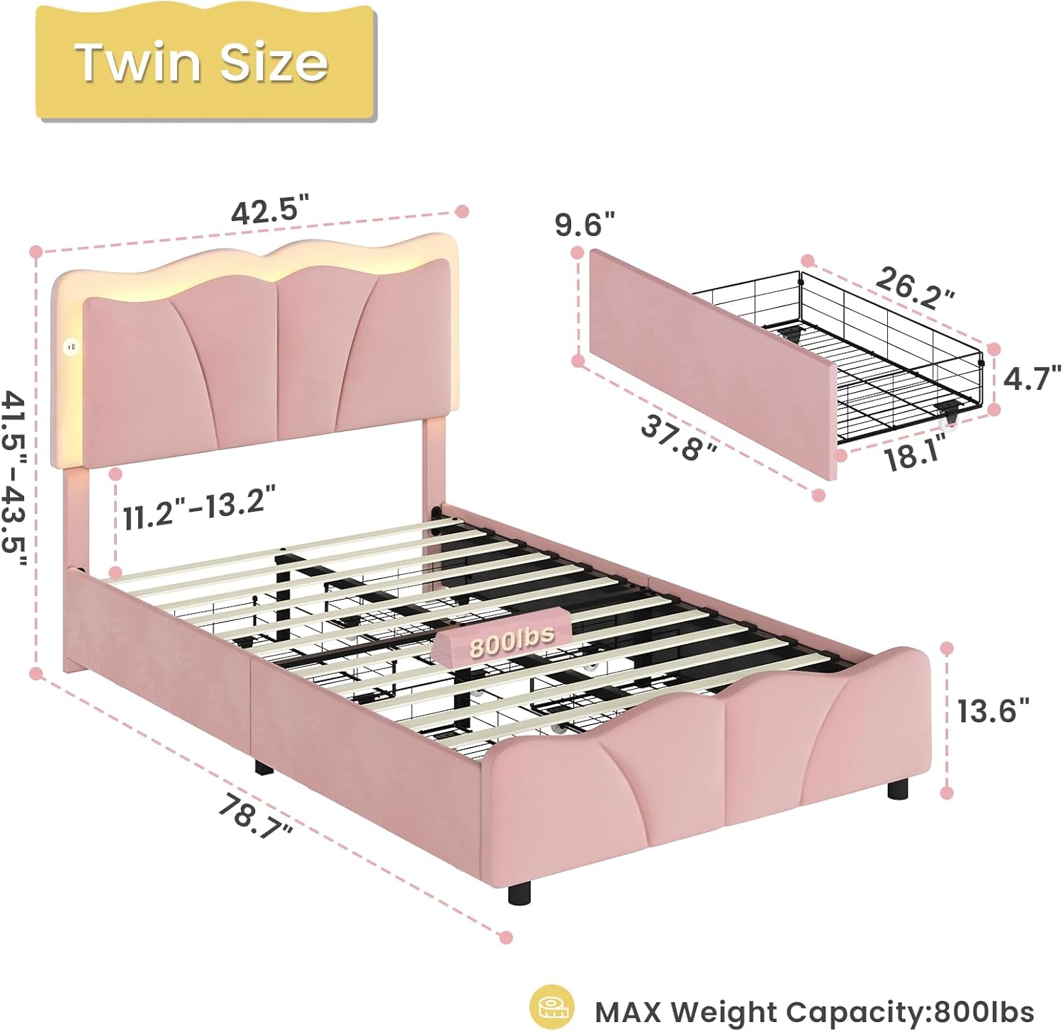 Detailed dimensions diagram for the Twin size MSmask bed frame.