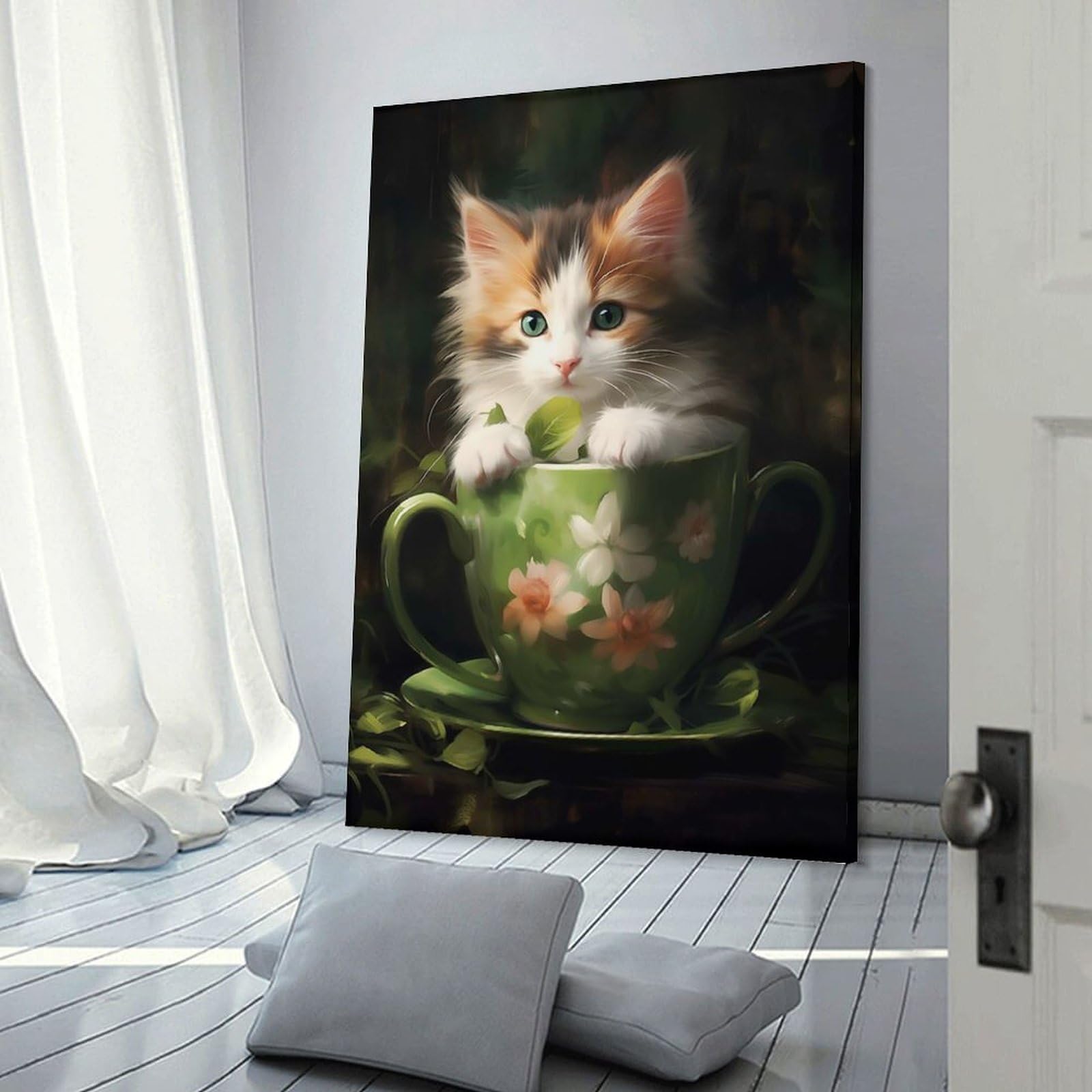 Junmoney Frame-Style-12 Kitten In Teacup Canvas Wall Decor, 20X30inch(50X75cm), For Wall Displays, Bedrooms Or Room Updates, Wall Decor Suited To Curated Displays