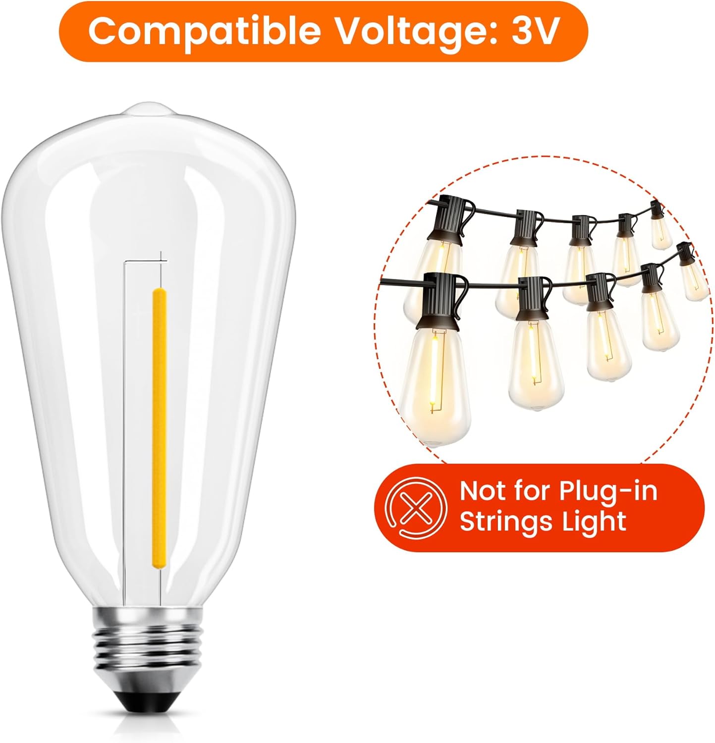 Two OHLUX ST38 bulbs hanging from a string, with a graphic indicating 10%-100% dimmable functionality.