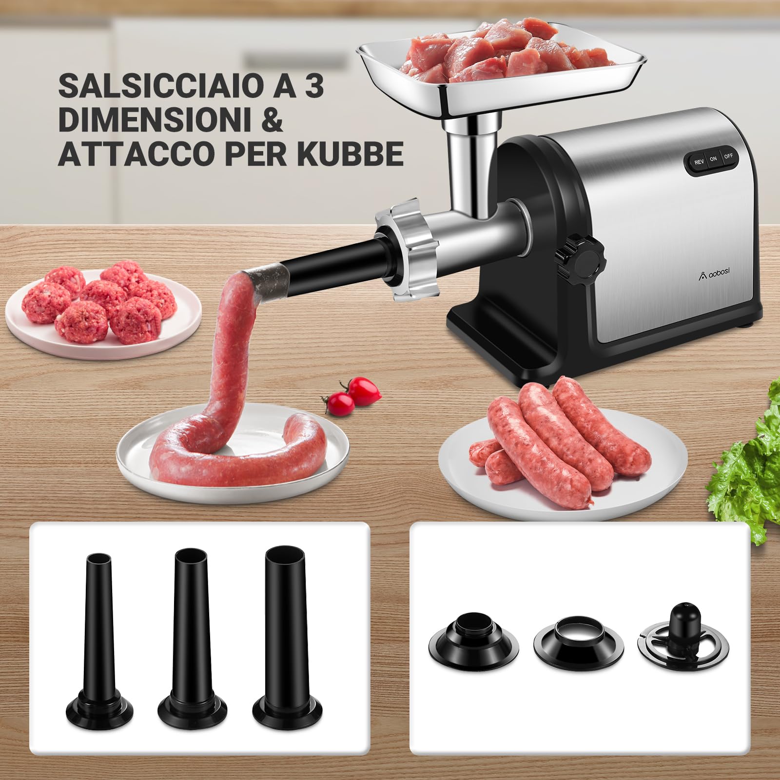 Tritacarne Elettrico AOBOSI 3-In-1 Tritacarne Con 3 Dischi Di Macinazione In Acciaio Inox, 1 Kubbe e 3 Tubi Per Insaccati. Calibro 12 e motore [3000w Max], tritacarne Elettrico Professionale Con Lame.