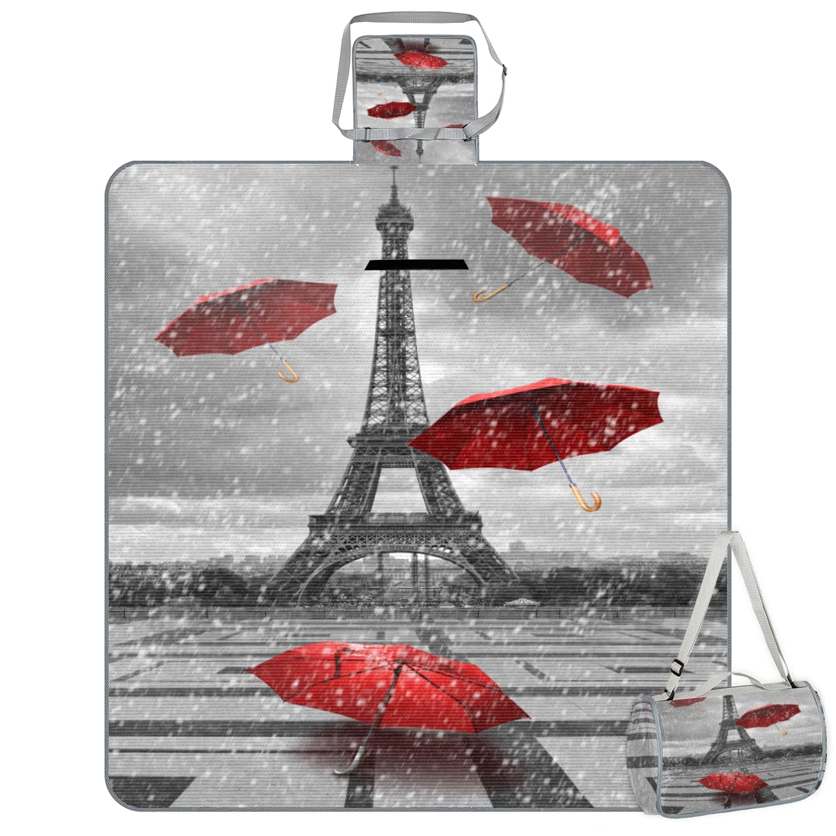 Shimoshe Picnic Blankets 57”x 59”, Red Umbrella Eiffel Tower Waterproof Sandproof Picnic Mat Lightweight Foldable Beach Blanket for Camping Park Grass Beach Outdoor Blanket