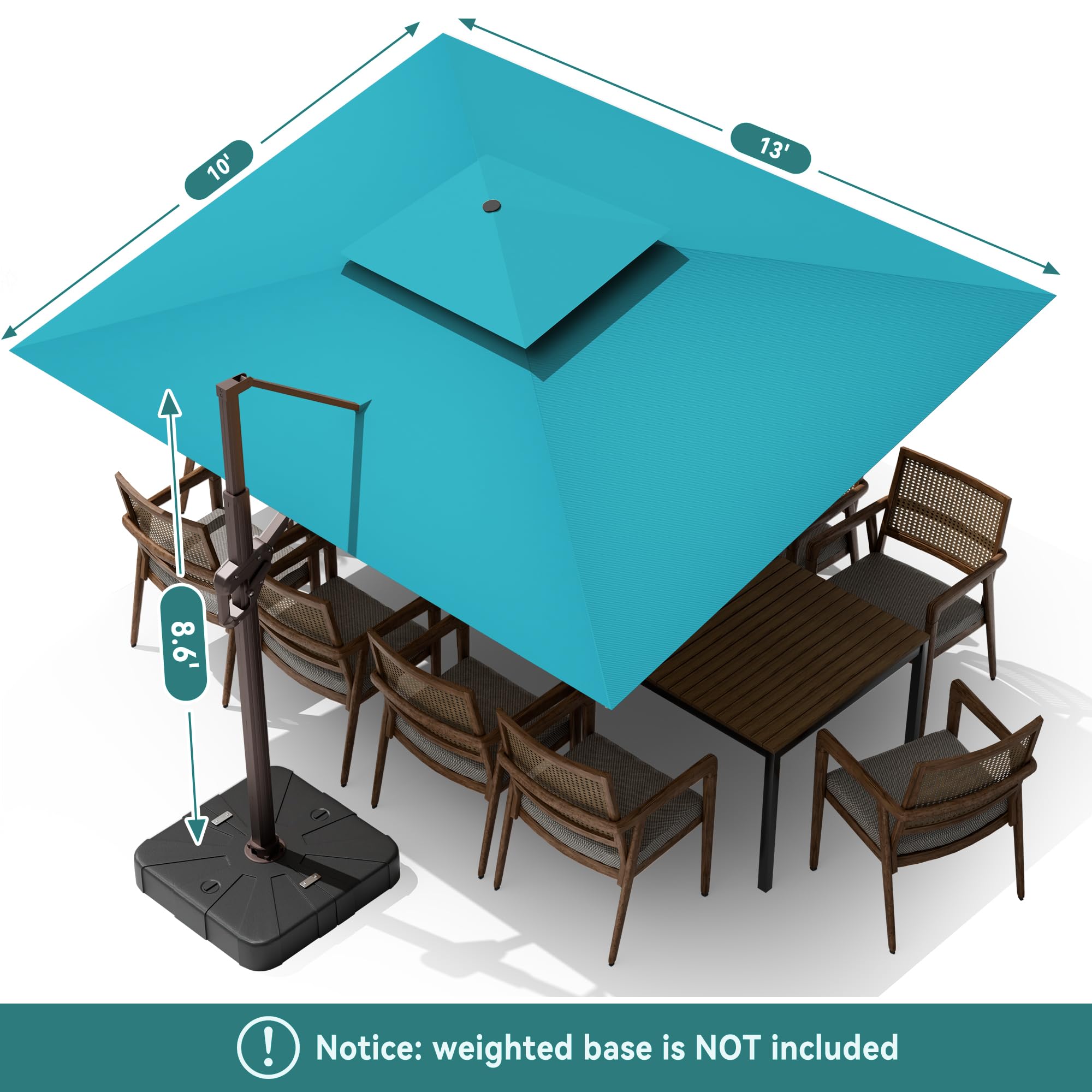 Condition photo showing New/Like New for 10 x 13 ft cantilever outdoor patio umbrella with led lights turquoise, offset rectangular umbrella, aluminum frame, 360° rotation, waterproof fabric, for backyard garden pool deck