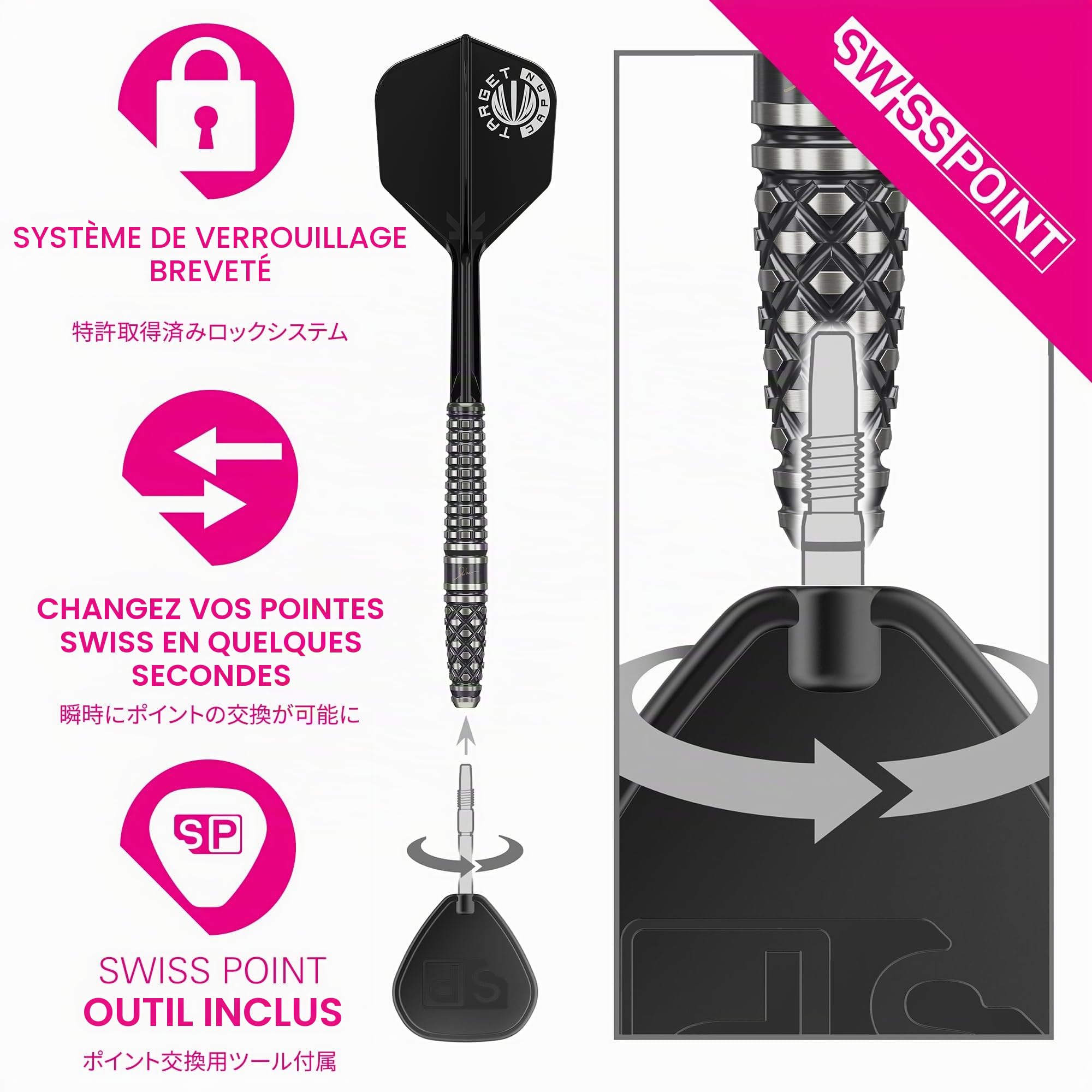 Target Japan Paul Lim G8 90% Tungsten K-Flex Swiss Point Ensemble de fléchettes à pointe d'acier, 24G | Vol de fléchettes KFlex, pointes nano Swiss Storm, pointes de fléchettes en acier noir et argent