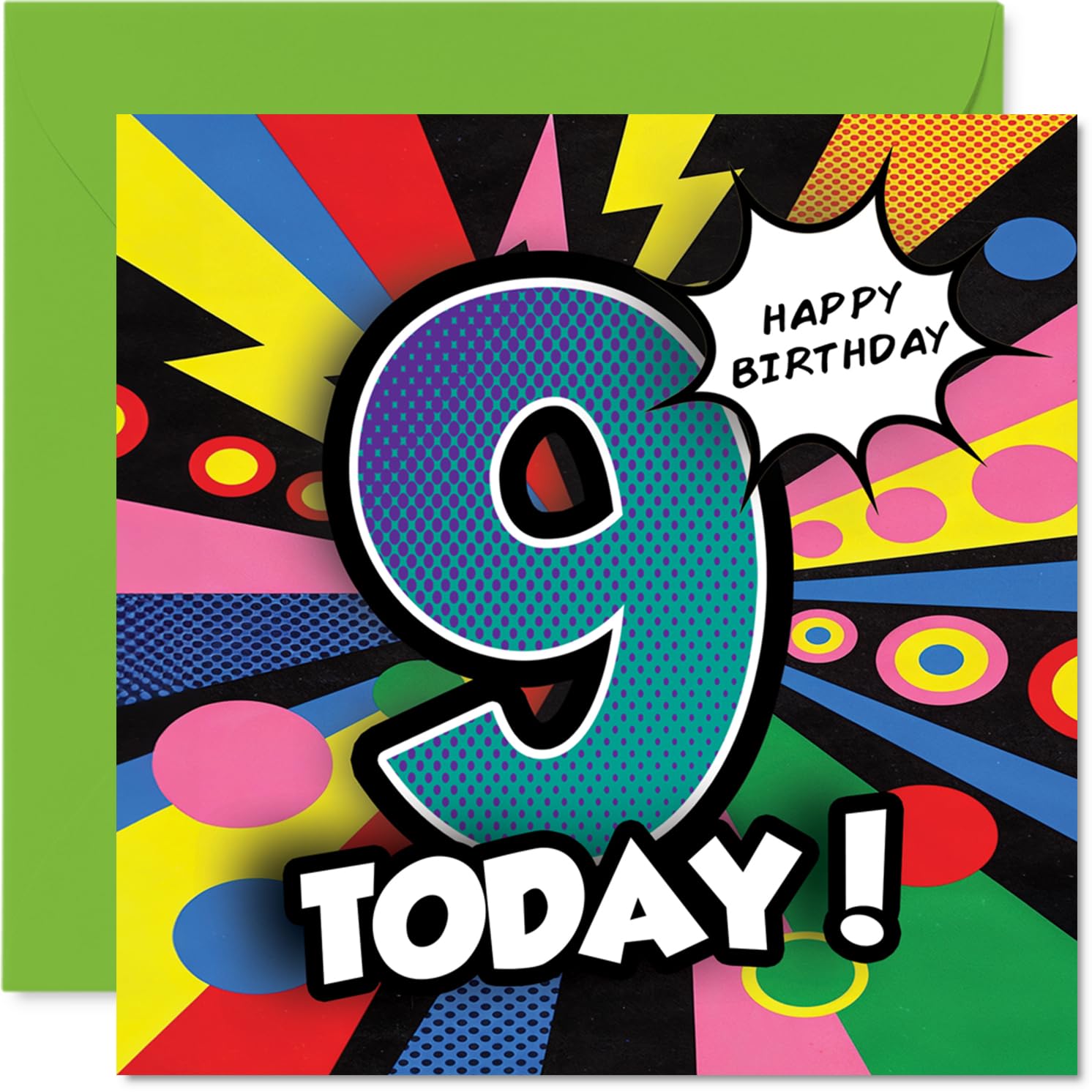 Celebratory 9th Birthday Card - Bursting with Fun - Vibrant Comic-style Number 9 on a Bright Multicolour Background - 145mm Square, Envelope Included
