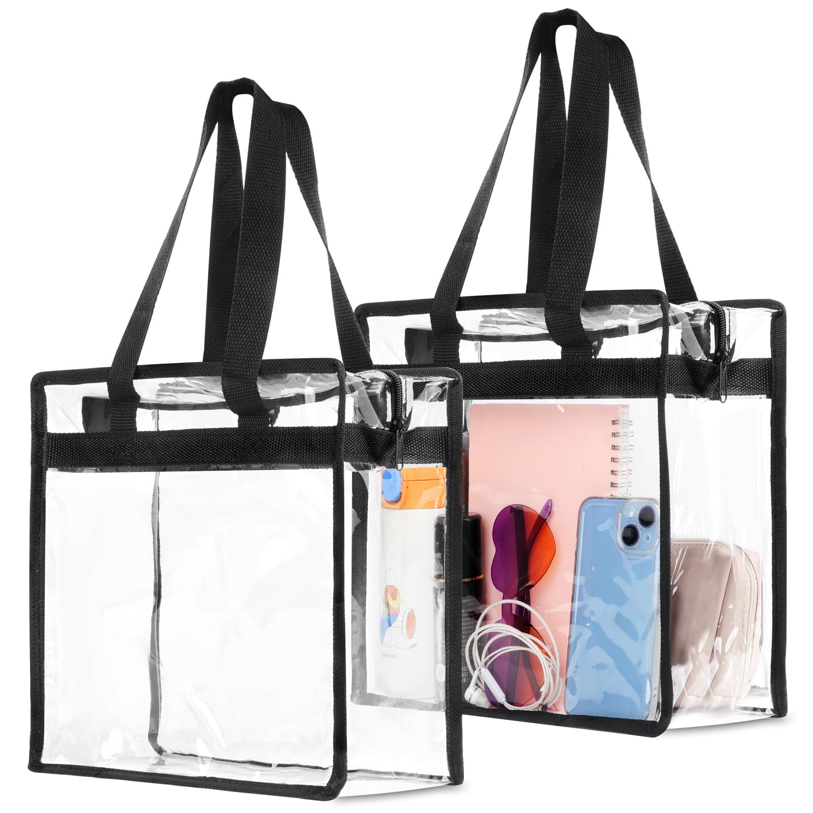 HBSTUDIO2 Pack Clear Bag for Stadium Events, 30x15x30cm Large Clear Tote Bag Stadium Approved, Transparent Plastic Bags with Handles and Zipper, PVC Handbags for Concert, Women, See Through Tote Bags