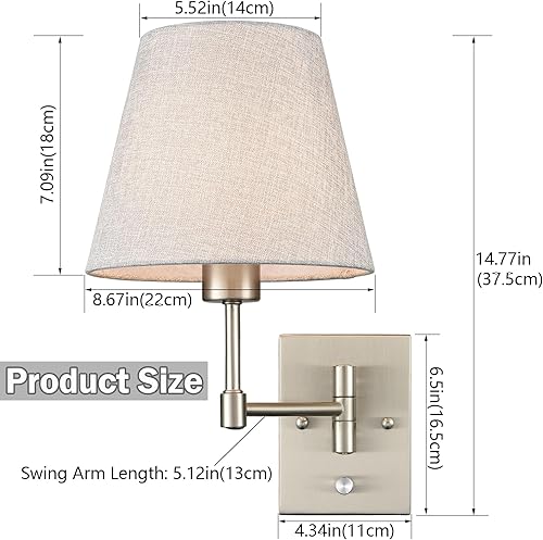 Miniatura 6 de SAMTEEN Juego de dos apliques de pared con brazo oscilante, con pantalla de tela gris e interruptor de encendido y apagado, para mesita de noche,
