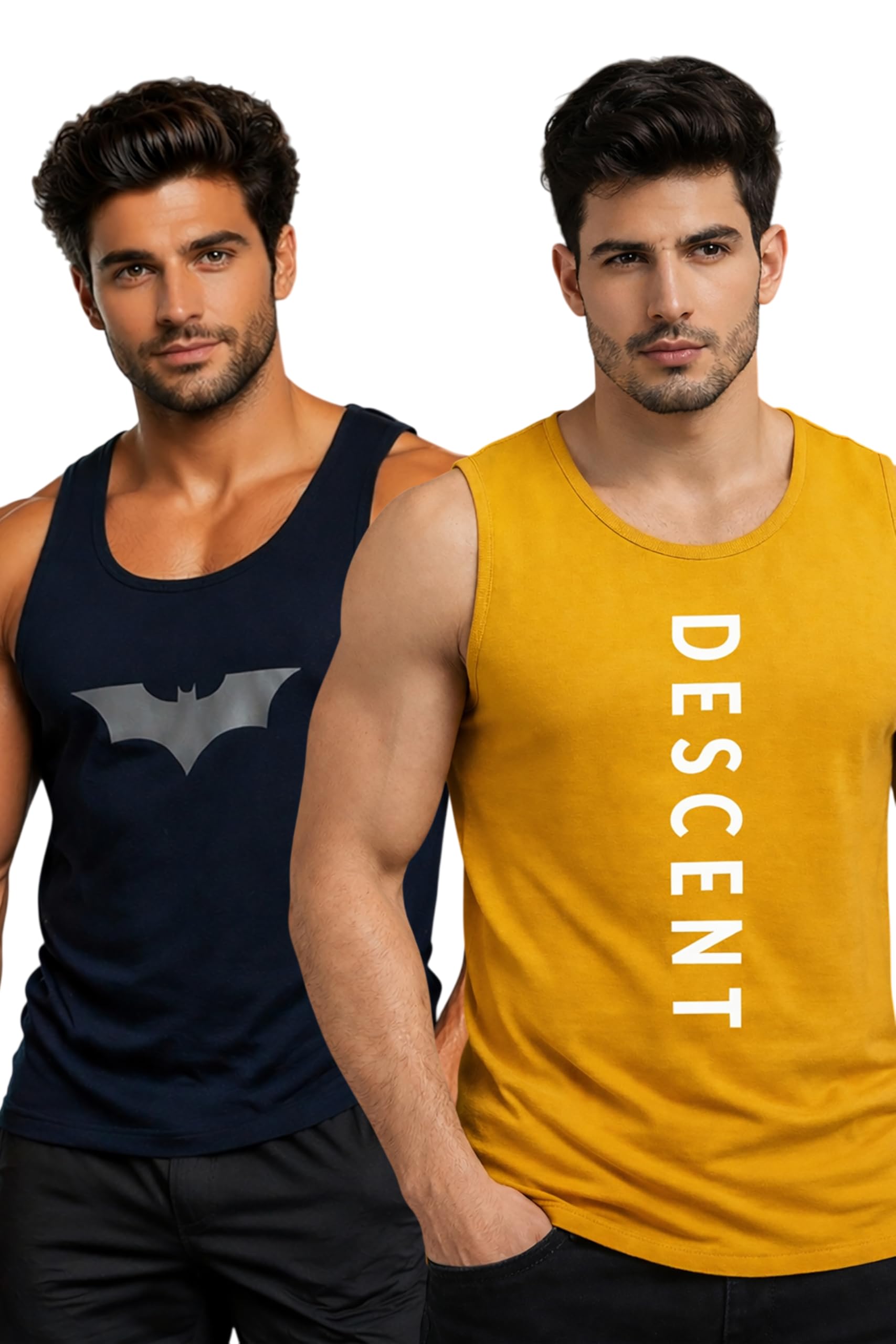 Polyester Letter Printed Vest for Men - Pack of 2 - Yellow & Navy Blue | Round Neck | Sleeveless | Regular Fit | Summer & Gym Wear Tank Top for Men-image-34