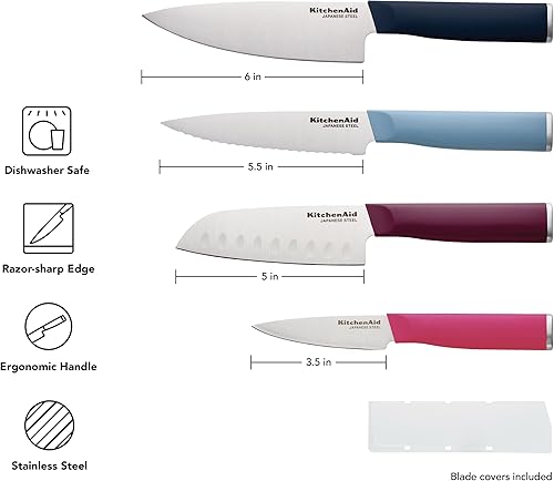 Miniatura 6 de KitchenAid Juego de cuchillos de chef de 4 piezas con fundas para hojas, cuchillo de chef de 6 pulgadas, Santoku de 5 pulgadas, cuchillo utilitario