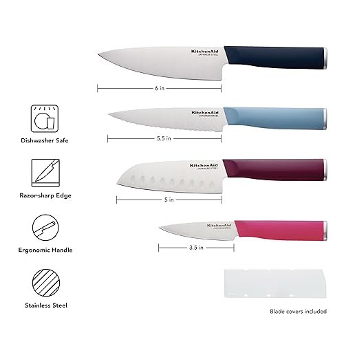 Miniatura 6 de KitchenAid Juego de cuchillos de chef de 4 piezas con cubiertas de cuchilla, cuchillo de chef de 6 pulgadas, Santoku de 5 pulgadas, utilidad dentada