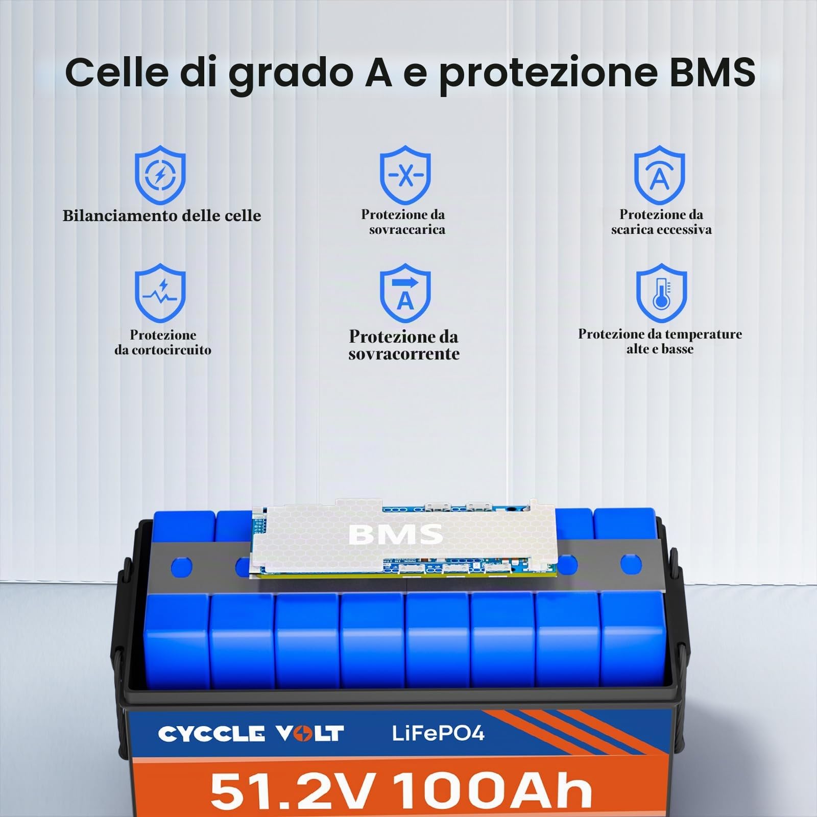 Batteria al litio CYCCLE VOLT 48V 100Ah LiFePO4, MAX. Batteria al litio 48V da 5120Wh ad alta capacità, BMS 100A integrato, perfetta per la nautica, i camper e l'energia solare off-grid