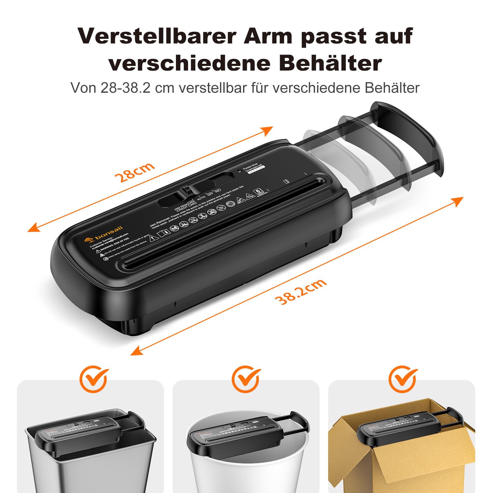 Bonsaii Aktenvernichter Aufsatz, 6 Blatt Streifenschnitt Schredder, Sicherheitsstufe P2, Dokumenten Papierschredder mit Teleskoparm, mit 9 Liter Papierkorb (S123-A)