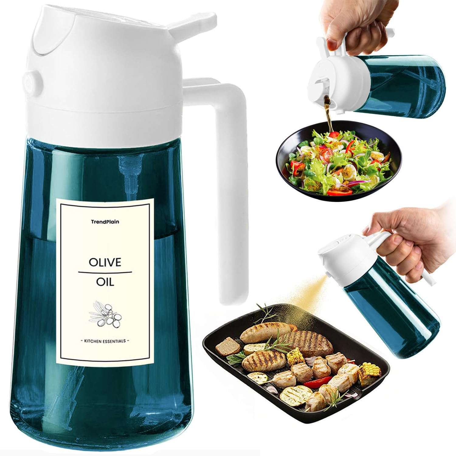 TrendPlain Kitchen Oil Spray 470ml - Air Fryer 2-in-1 Oil Spray for Cooking, Salads, Vinegar and Kitchen Accessory with Stickers, White Bottle