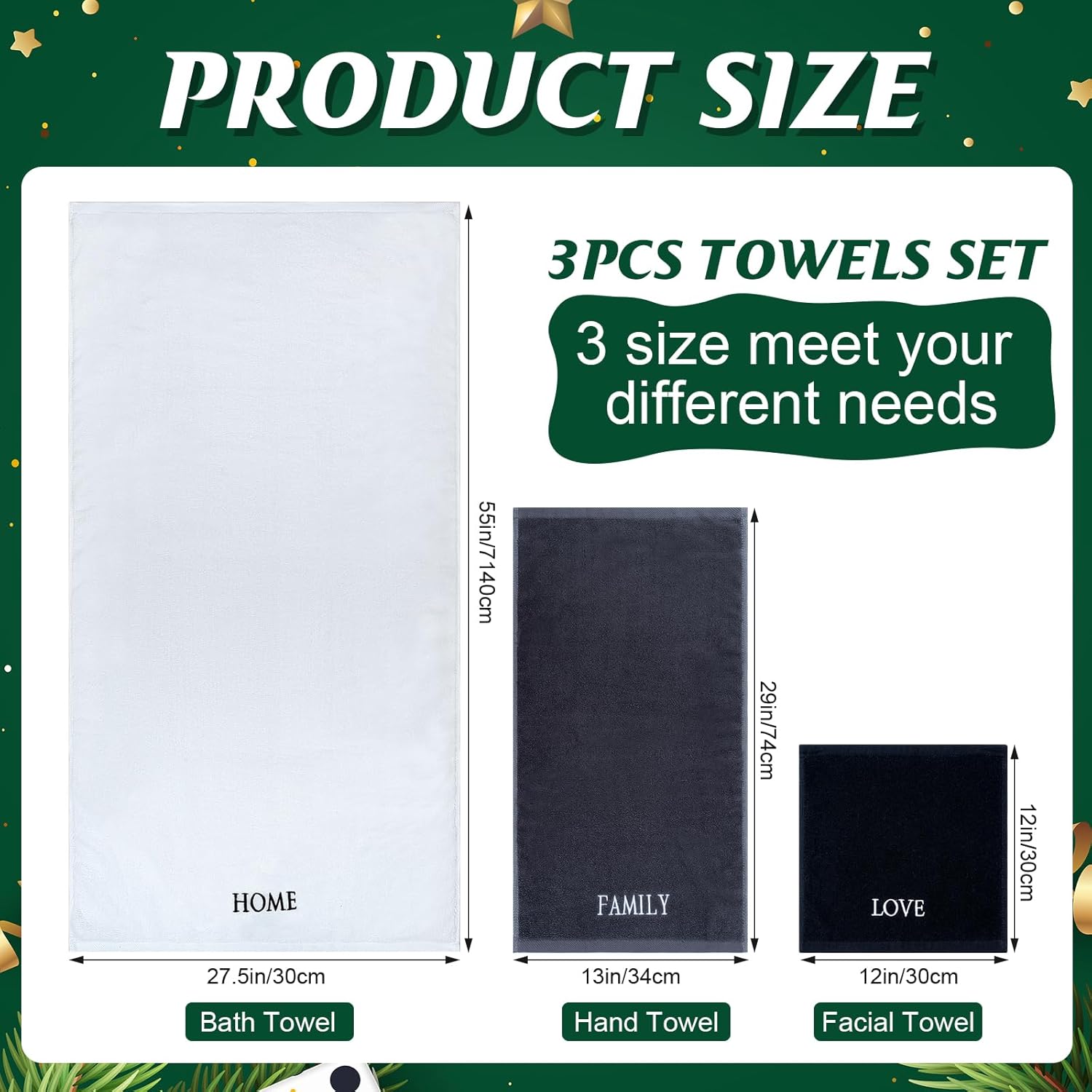 Shemilly Family Bathroom Towels Set of 3 White Gray Black Bright Embroidered Soft 100% Cotton Bath Towel Home Hand Towels for Winter Holiday Kitchen Decor Gift Dish Drying Cleaning