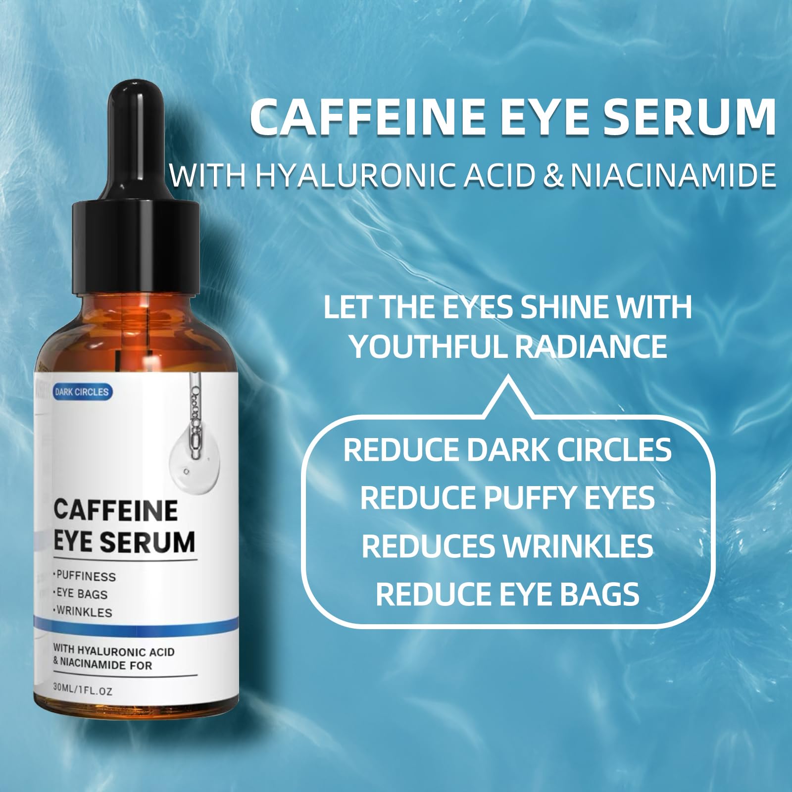 Siero Caffeina Contorno Occhi, Siero occhi antirughe con acido ialuronico per eliminare le occhiaie e le borse, per uomini e donne (30 ml)