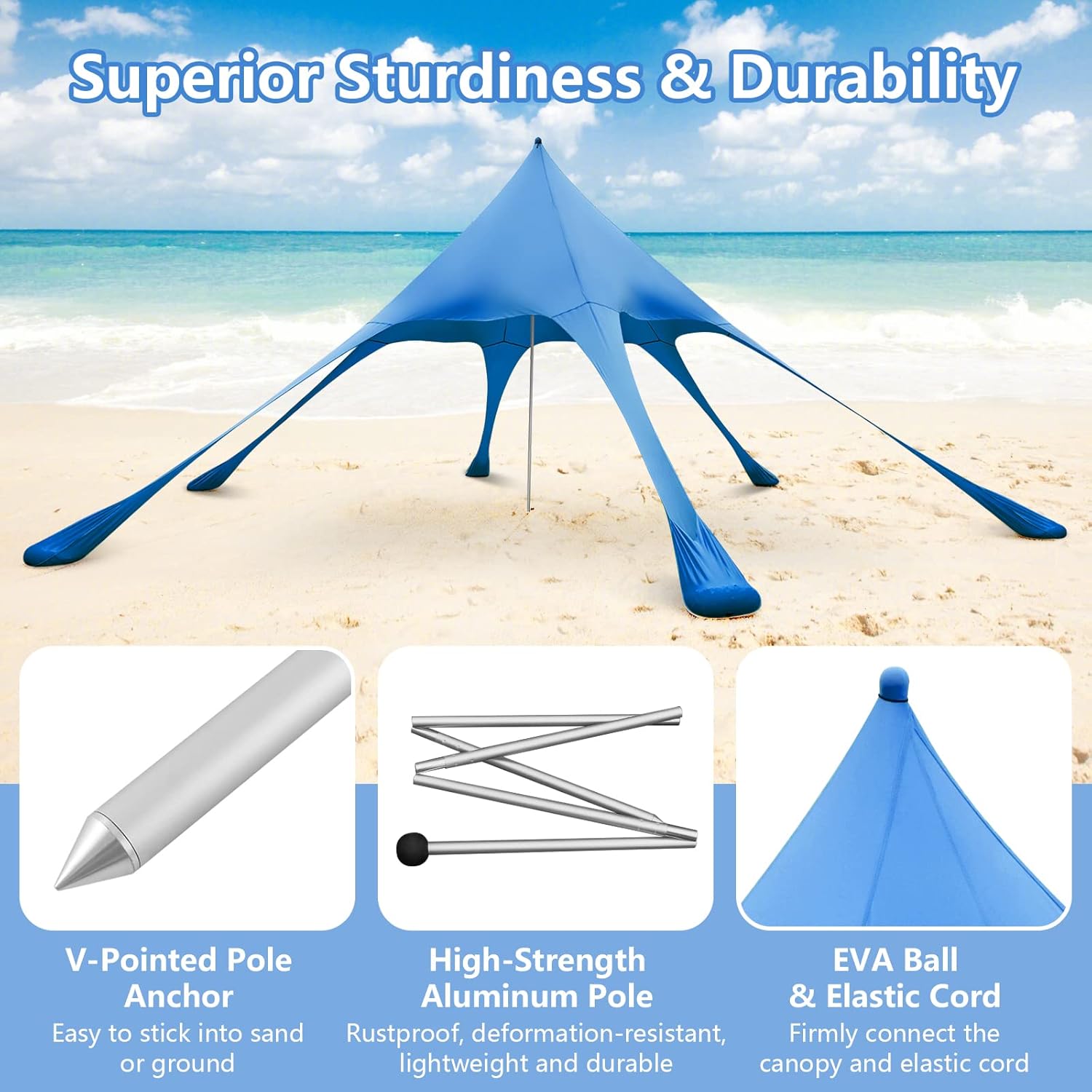 Tangkula Beach Canopy Tent, UPF50+ Beach Sun Shade with Sand Shovel, 6 Ground Pegs, 6 Sandbags, Supporting Pole, Carry Bag, Pop Up Beach Sun Shelter for Camping, Fishing, Trip