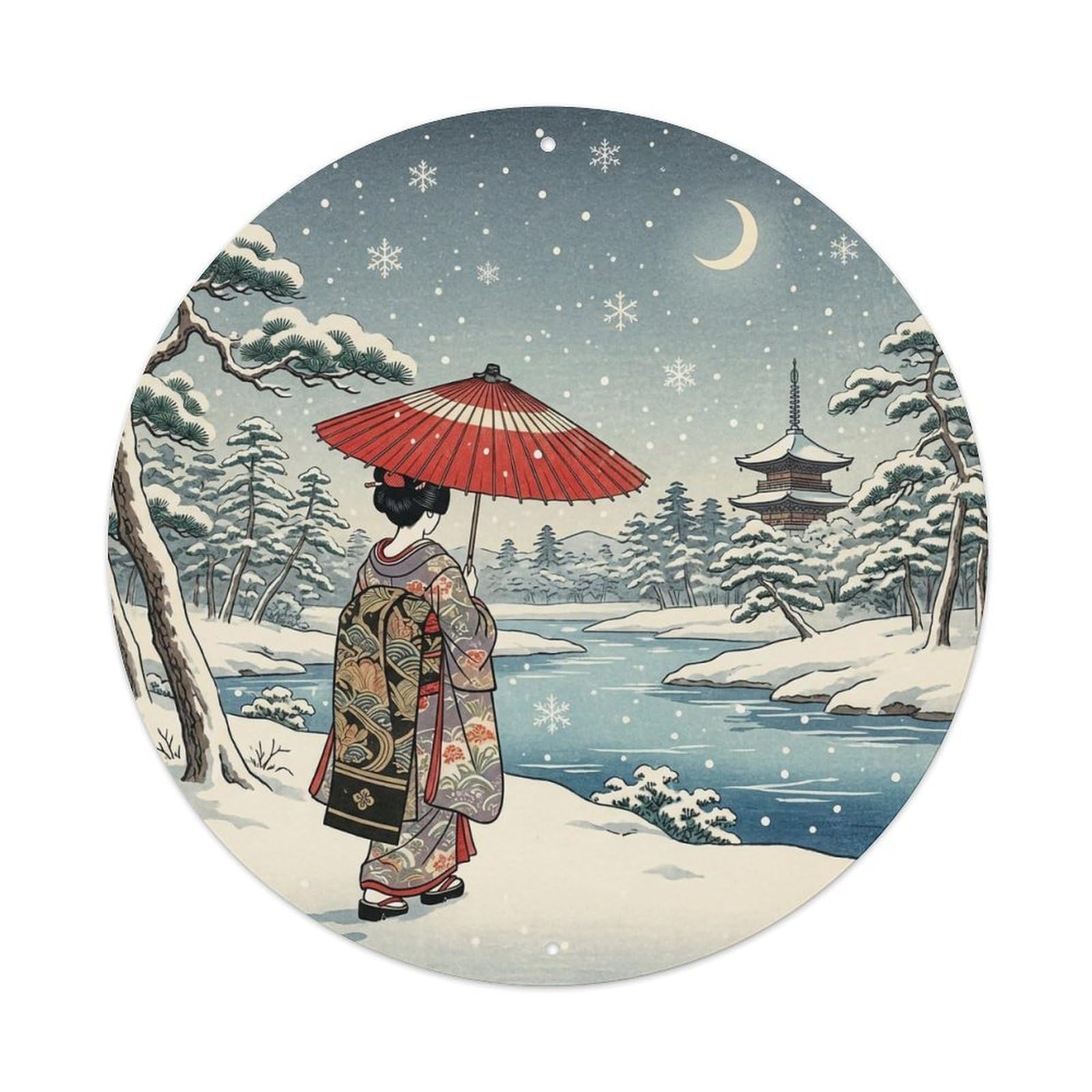 Japanese Geisha Snow Scene Red Umbrella Winter View Metal Tin Sign