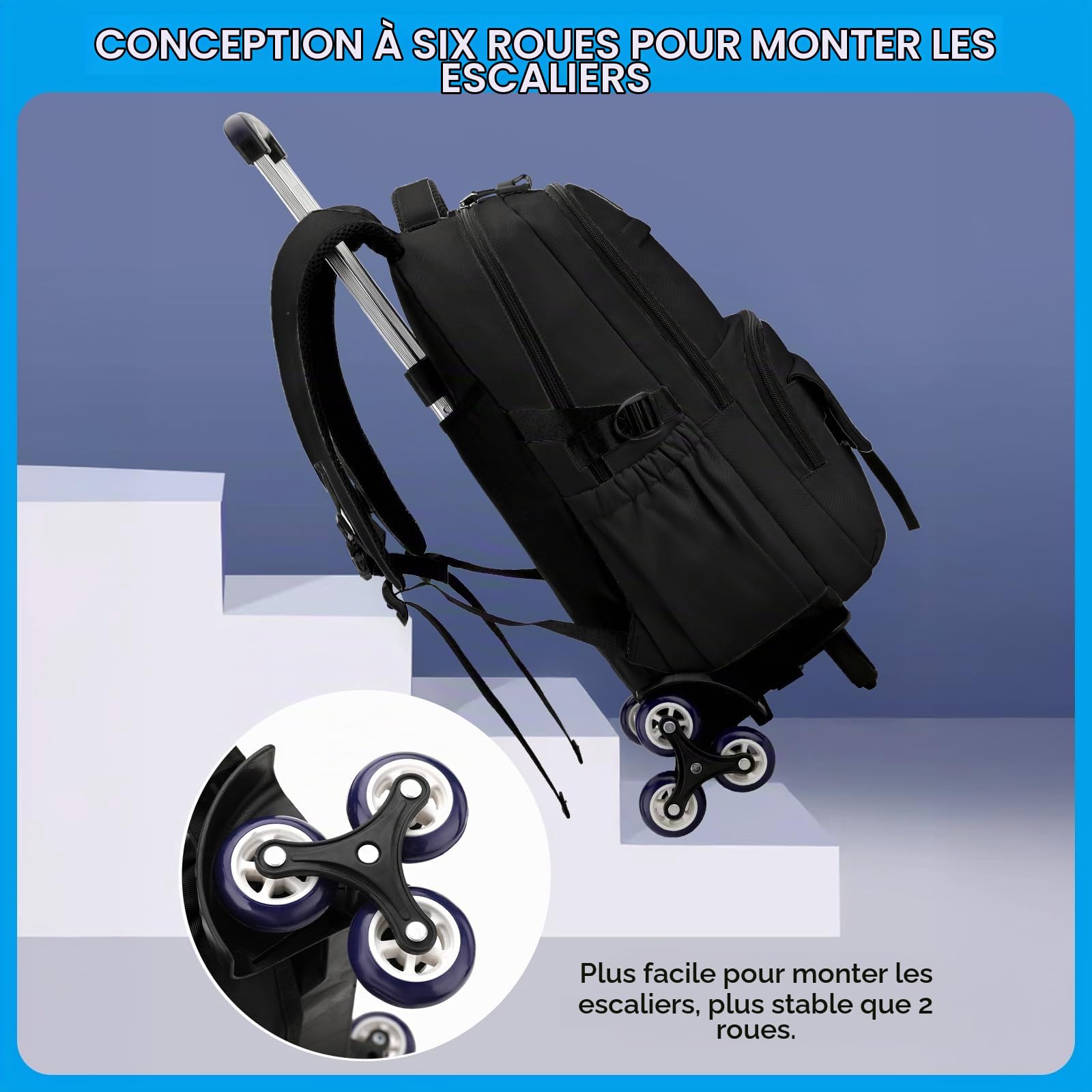 Amythe Sac à Dos à Roulettes pour Enfants Adolescents, Sac Ecole College pour Garçon avec Chariot, 31 L Sac D'école Garçon Léger à la mode, Cartable à Roulettes pour les 9-18 ans, Noir