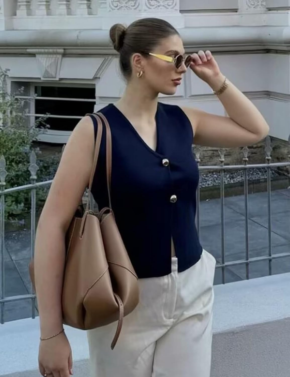 Wyeysyt Womens Vest Top Cropped Sleeveless Knit Vest Gold Button Down V Neck Vest Casual Plain Summer Waistcoat Cardigan - Image 2