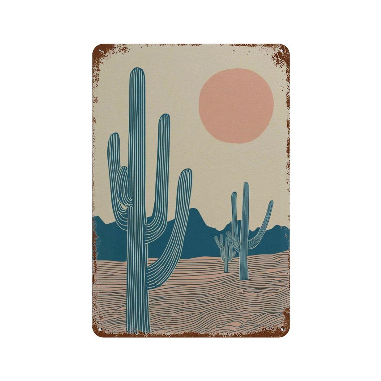 xiaoxiaoshen Desert Cactus Minimalist Boho with Sun And Sand Southwest Landscape in Blue Pink Wall Decor Art Metal Tin Poster Modern Home Decor Art Home Bar Shop Decorations Vintage Sign 30x20cm