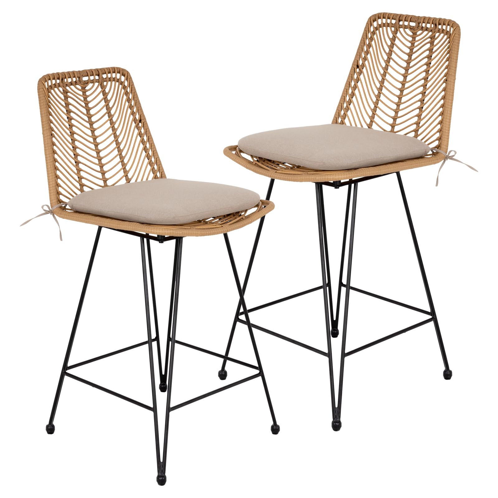 IDZO 400lbs Capacity Rattan Outdoor Counter Stools, 24" Tall, Set of 2, Comfort Cushion, Solid Steel Frame, Easy Assembly, Use for Outdoor & Indoor, Ideal for Patio & Kitchen Island