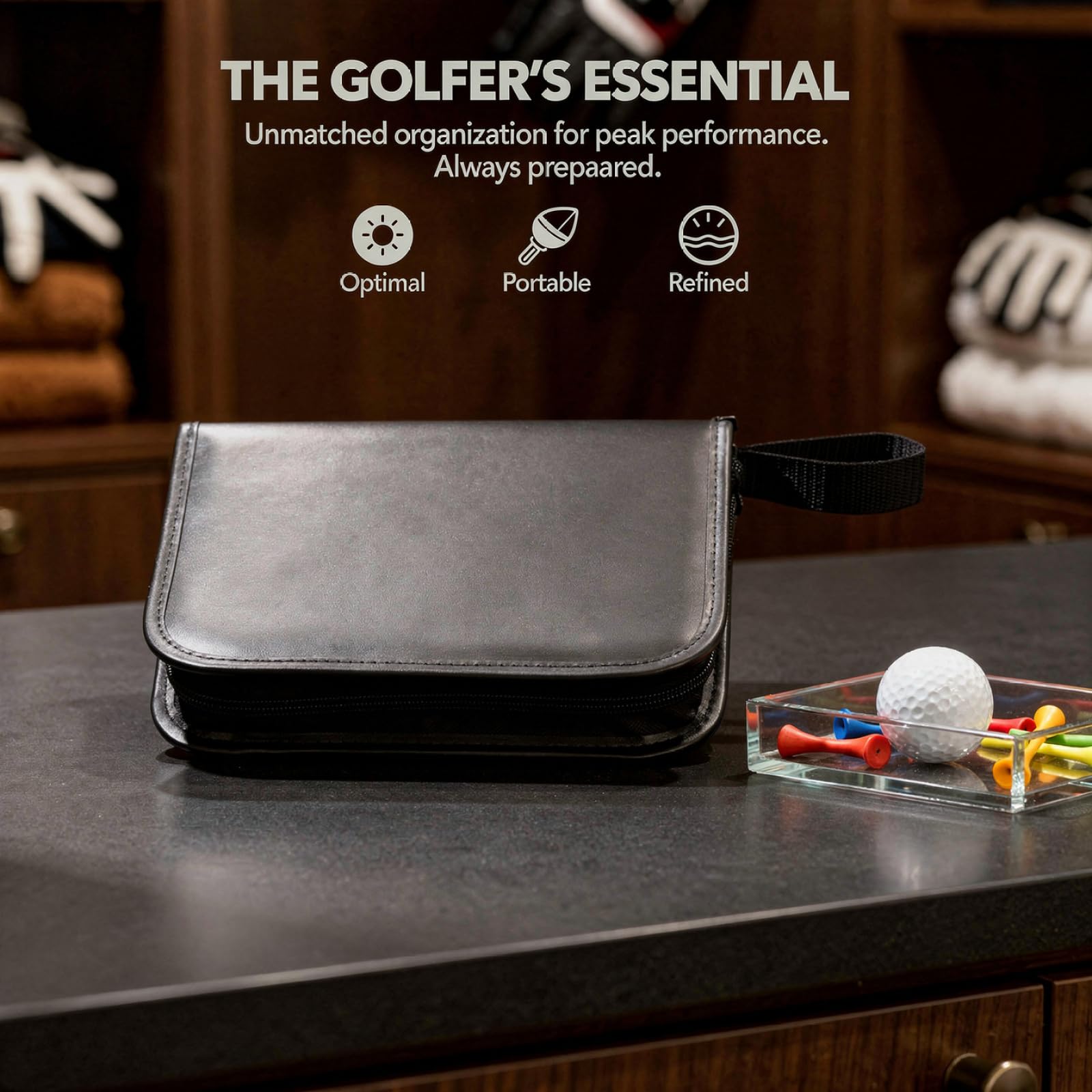 Golf Tool Kit, Schwarz PVC Case Golfzubehör für Männer, Inklusive 8 Tees, Entfernungsmesser, Stift, Ball-Linienmarker, Messer, Punktezähler, Clip, Bürste, 36 x 23 cm Reisetasche für Golfer