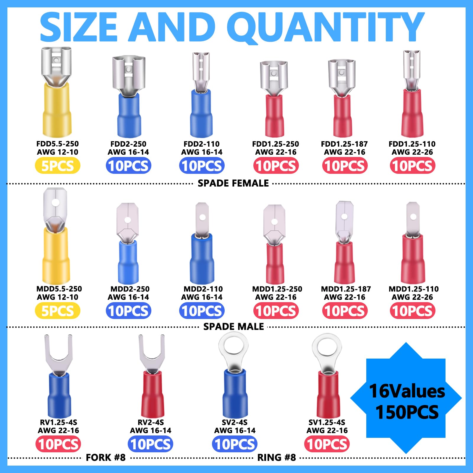 Crimpverbinder, 2,8 mm, 4,8 mm, 6,3 mm, männlich und weiblich, Flachsteckverbinder-Set, 16 Arten Crimpklemmen, elektrische Anschlüsse, inklusive Spatenring, Gabeldrahtverbinder, 150 Stück