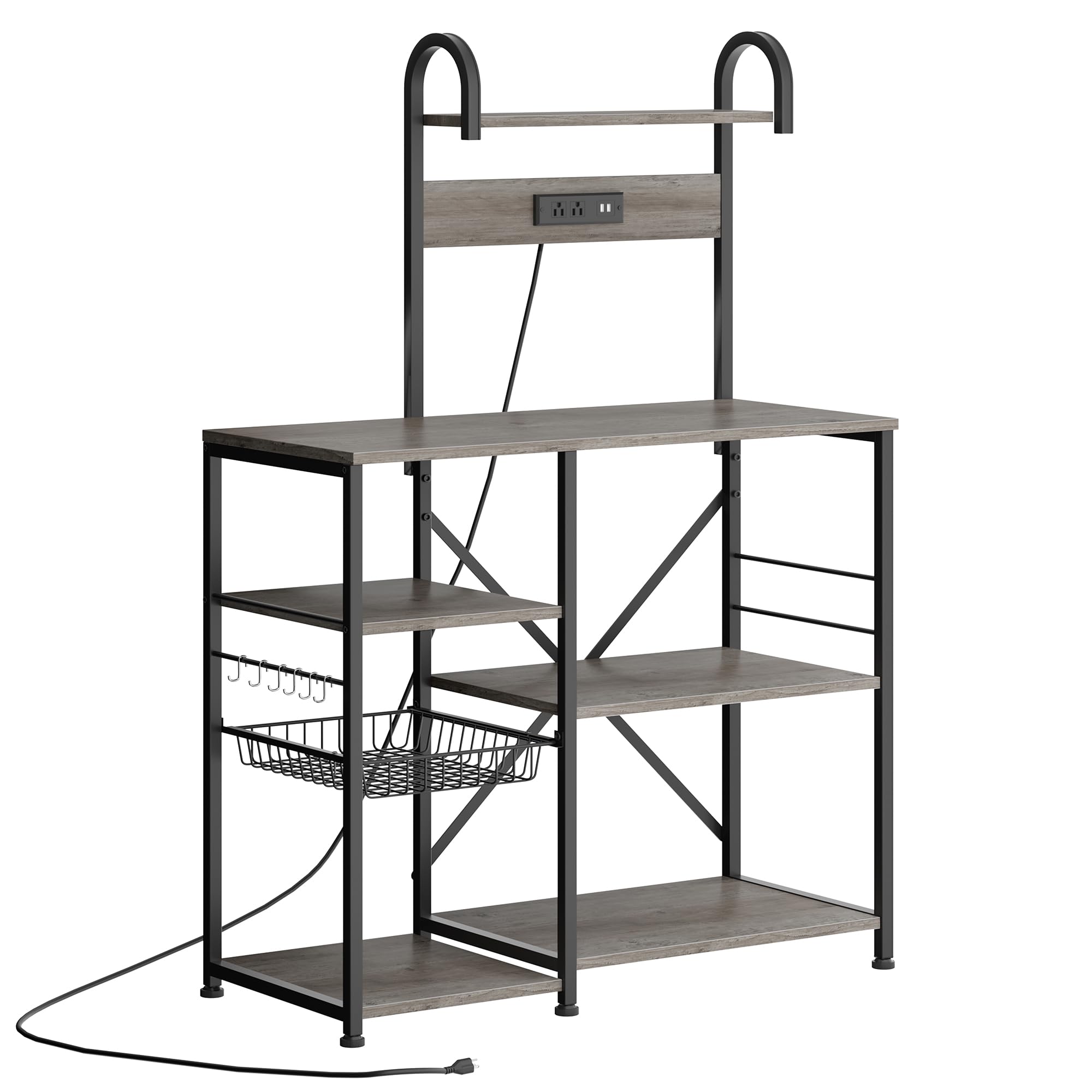 JAMFLY Bakers Rack with Power Outlet, Microwave Stand, Kitchen Storage Shelf with 6 Hooks, Coffee Bar Station with Wire Basket, Kitchen Rack for Living Room, Spice, Pots and Pans Organizer