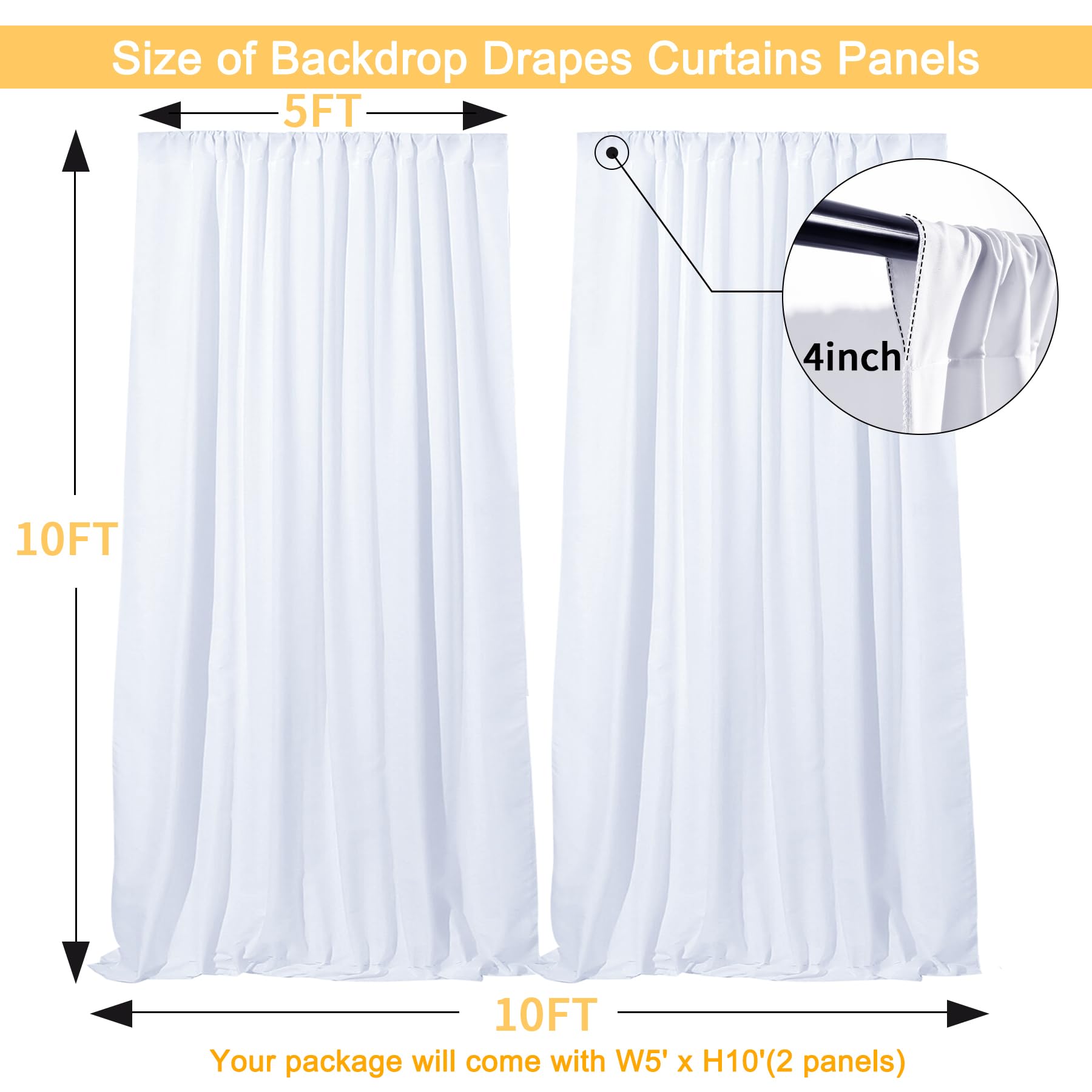 Gallety 10 FT x 10 FT White Backdrop Curtain - Polyester Backdrop Curtain Panels with 4 Inch Rod Pockets - Wedding Ceremony Party Home Window Decoration