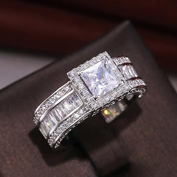 925 Sterling Silver Shiny Full Diamond Gemstone Ring Cubic Zirconia Rings CZ Diamond Multi Row Ring Eternity Engagement Wedding Band Ring for Women US Code 6