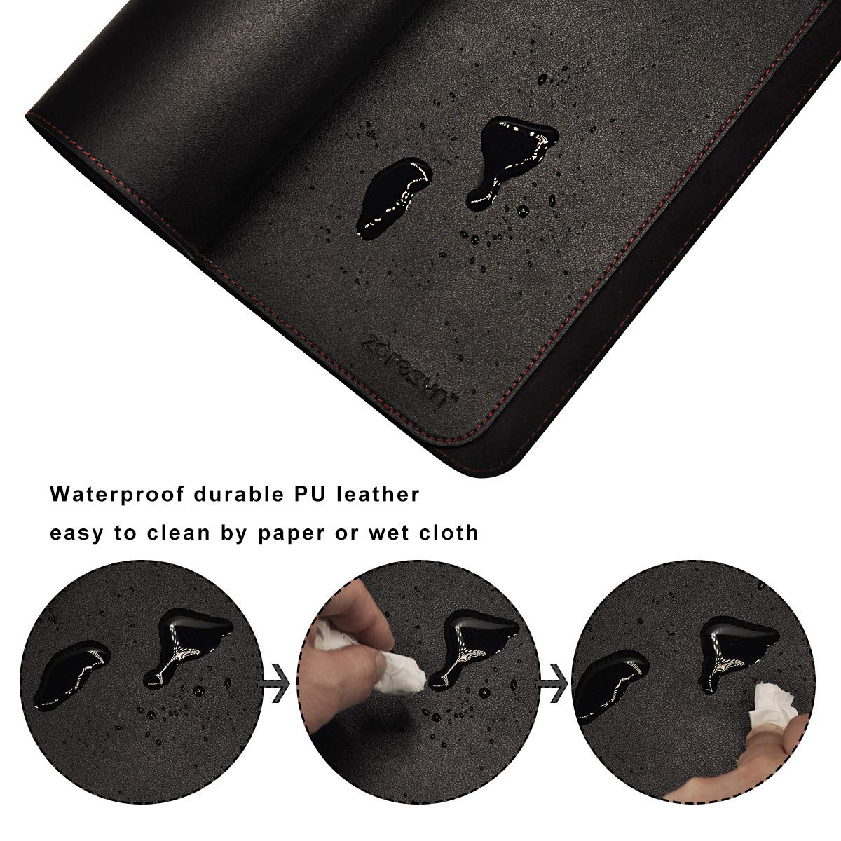 ZORESYN Tappetino per mouse da gaming - 1100 x 500 x 2 mm - Sottomano da Ufficio - Bordi cuciti, Base in Antiscivolo, Superficie in pelle PU, Adatto a Tastiere e Mouse, Computer e Portatili - Nero