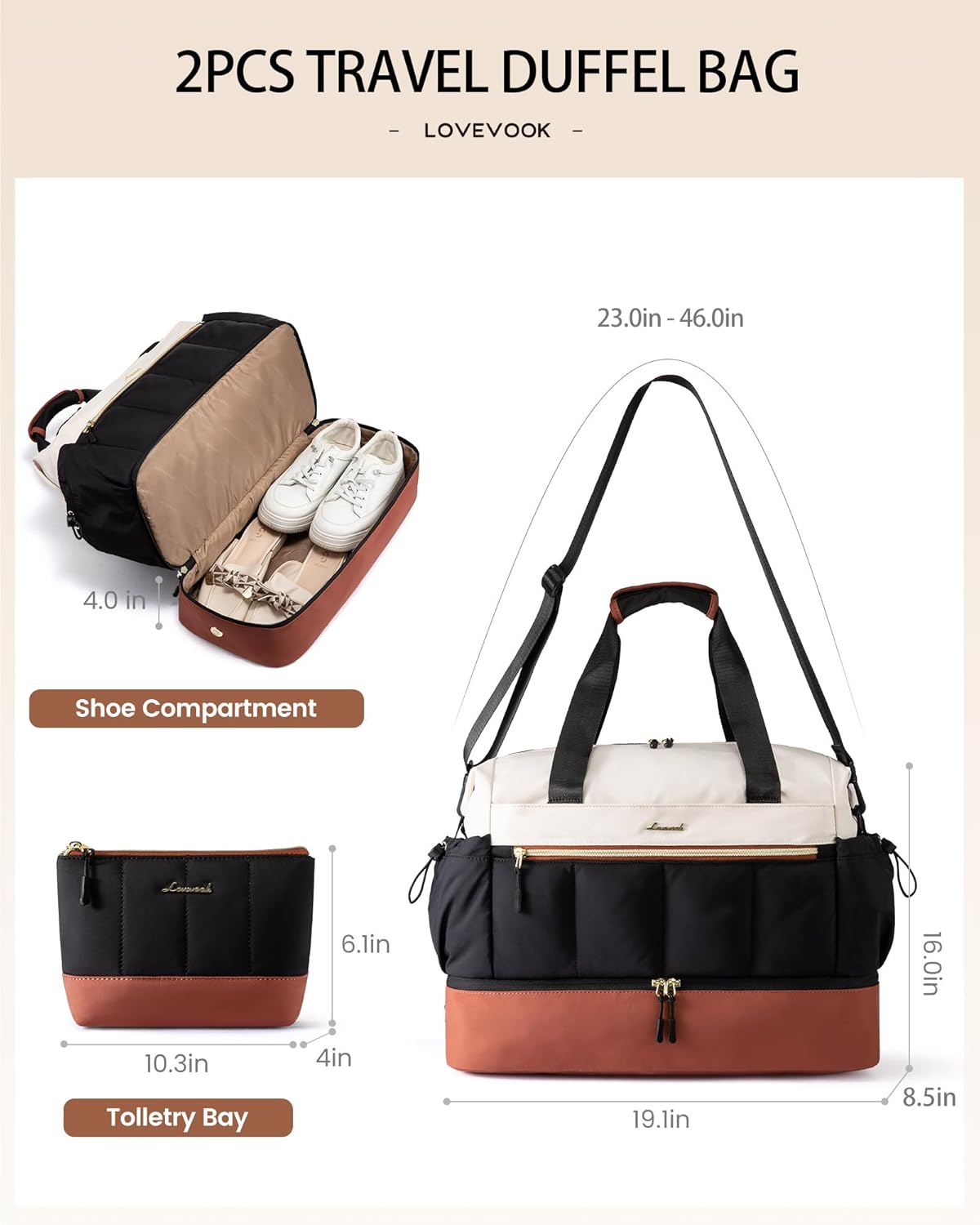 LOVEVOOK Travel Duffel Bag, Weekender Bags for Women, Large Overnight Bags with Shoe Compartment, 47L Carry on Gym Hospital Bag with Wet Pocket, 2 Pcs - Image 4