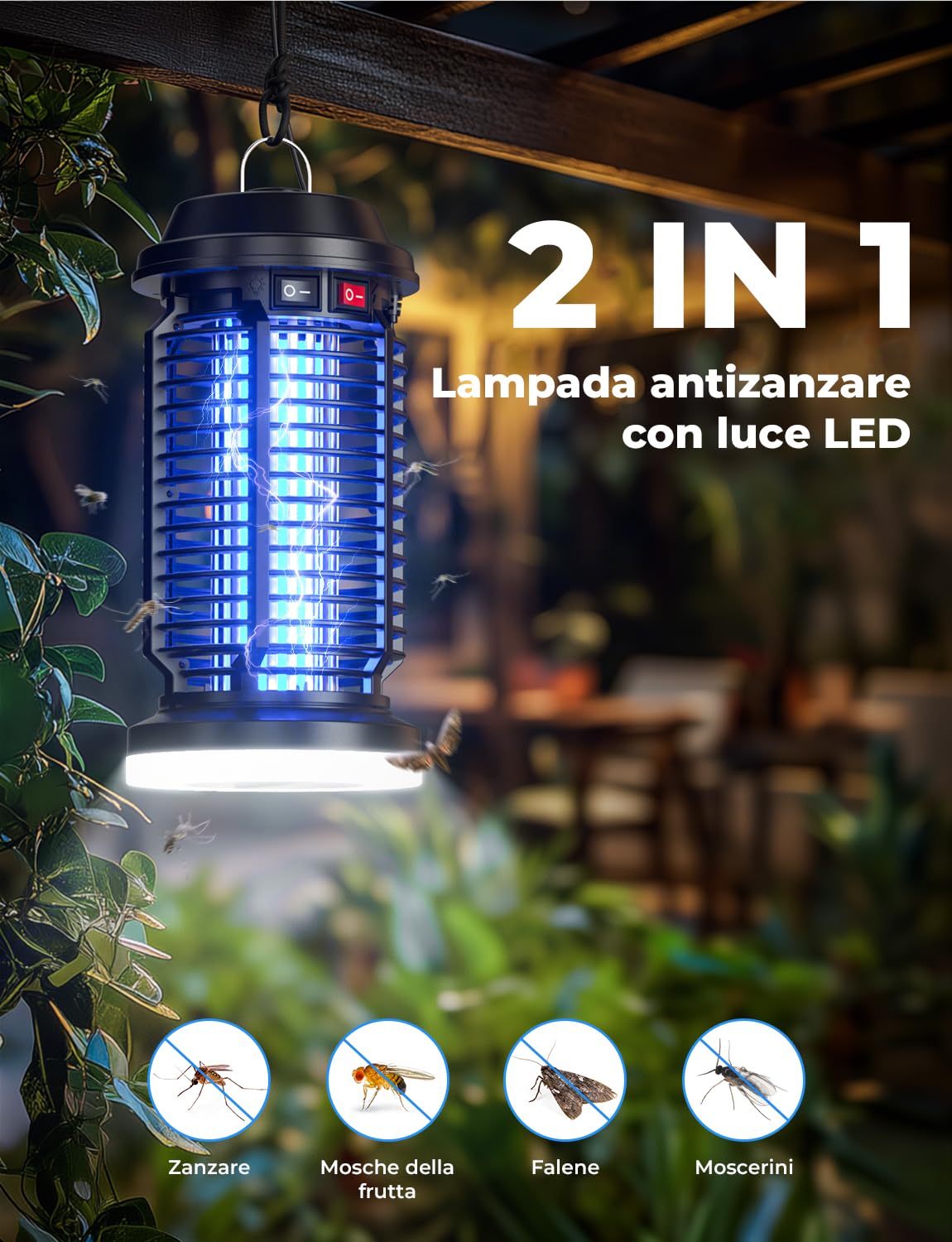 YISSVIC Elektrischer Insektenvernichter 4200V Mückenlampe 15W mit UV-Licht und LED-Beleuchtung Zwei Separate Schalter Wasserdicht IPX4 geeignet für außen und innen 28 x 13.5cm