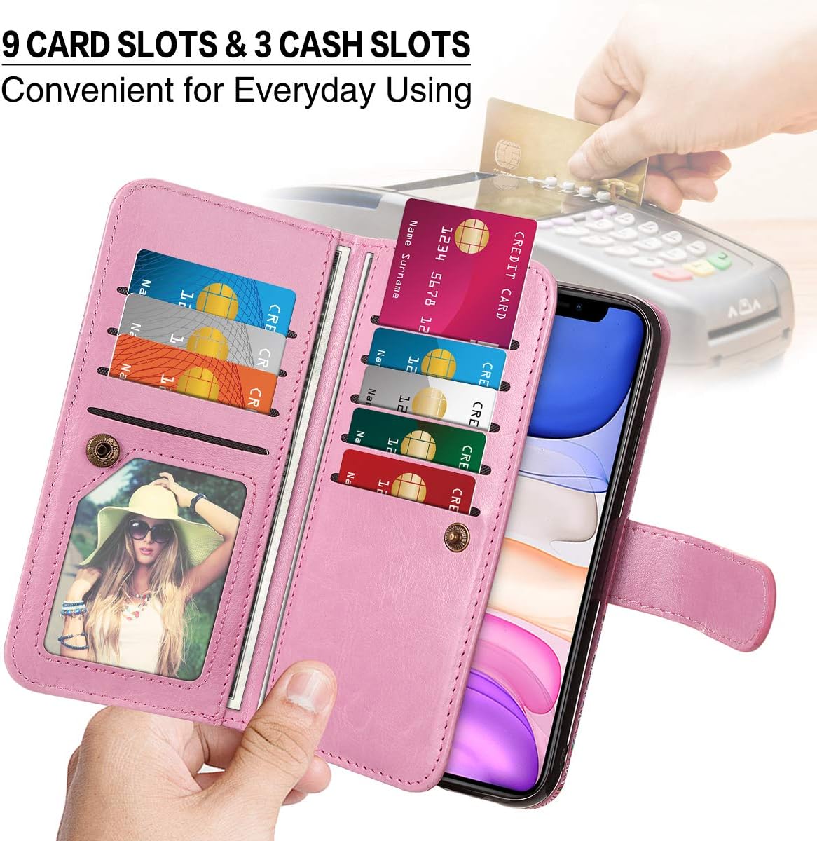 HianDier Compatible with iPhone 11 Case 6.1 Inches (2019) with Card Holder 9 Slots Detachable PU Leather Flip Cover Shockproof Magnetic Clasp Lanyard Dual Layer Wallet Cases, Ethnic Pink