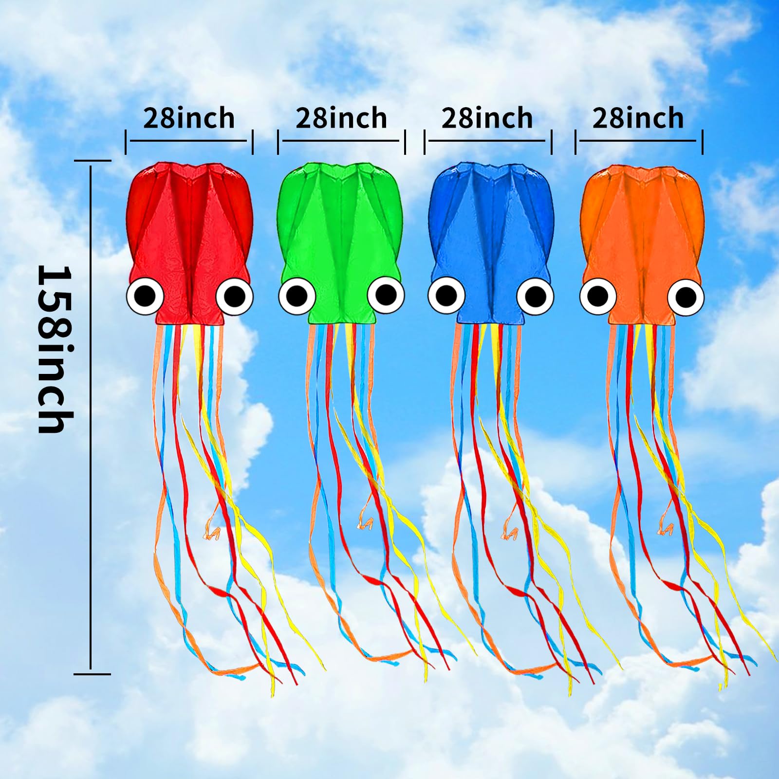 Kaiciuss 4 Pack Octopus Kites for Kids & Adults Easy to Fly, 24”x 158” Large Soft Kite Kit for Boys and Girls, Single Line 3D Beach Set for Teens, it Comes with 4 x 300FT Kite Handles