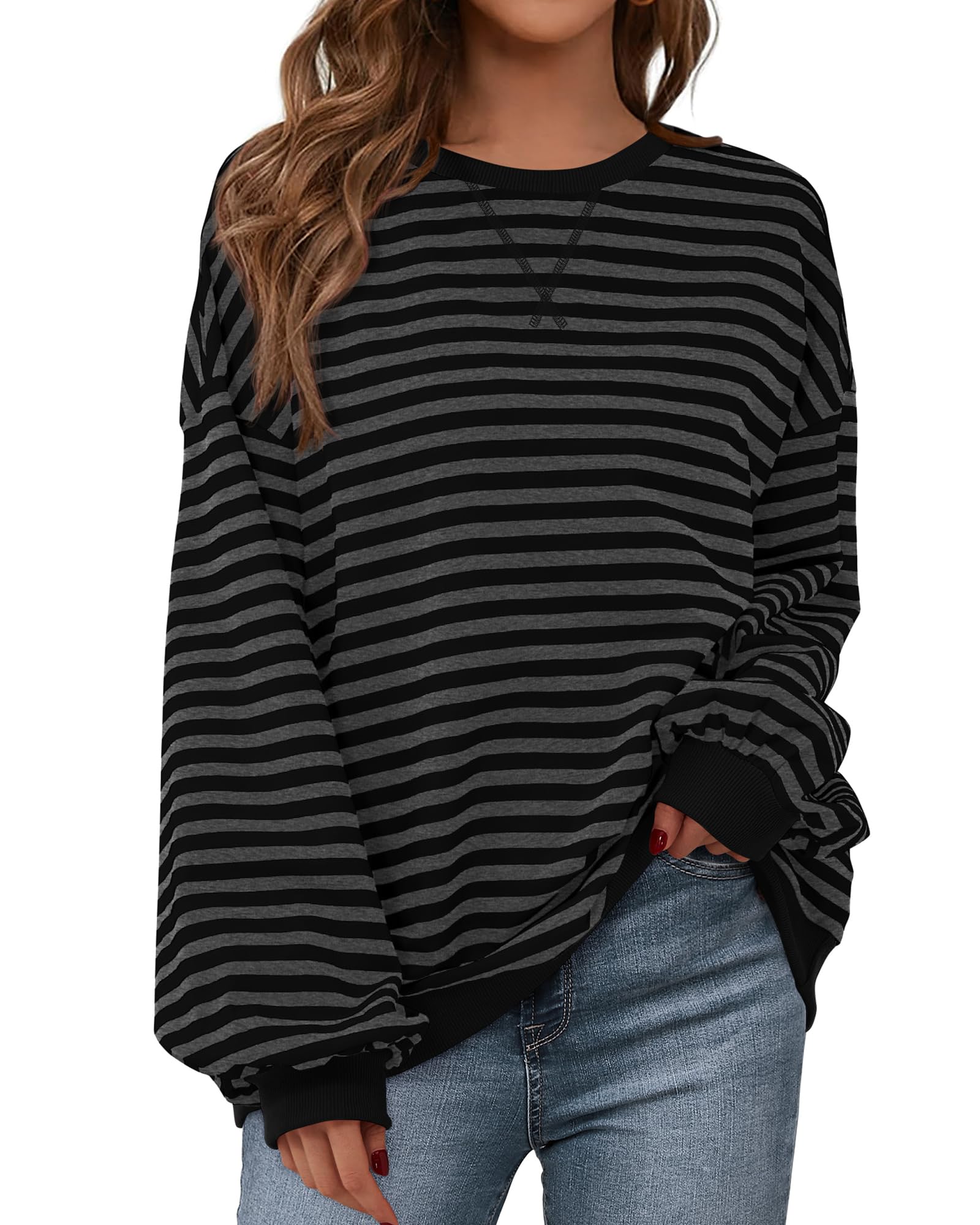 BTFBM Womens Striped Pullover Tops Spring Clothes 2026 Long Sleeve Shirts Trendy Crew Neck Loose Y2K Sweatshirts — view 14