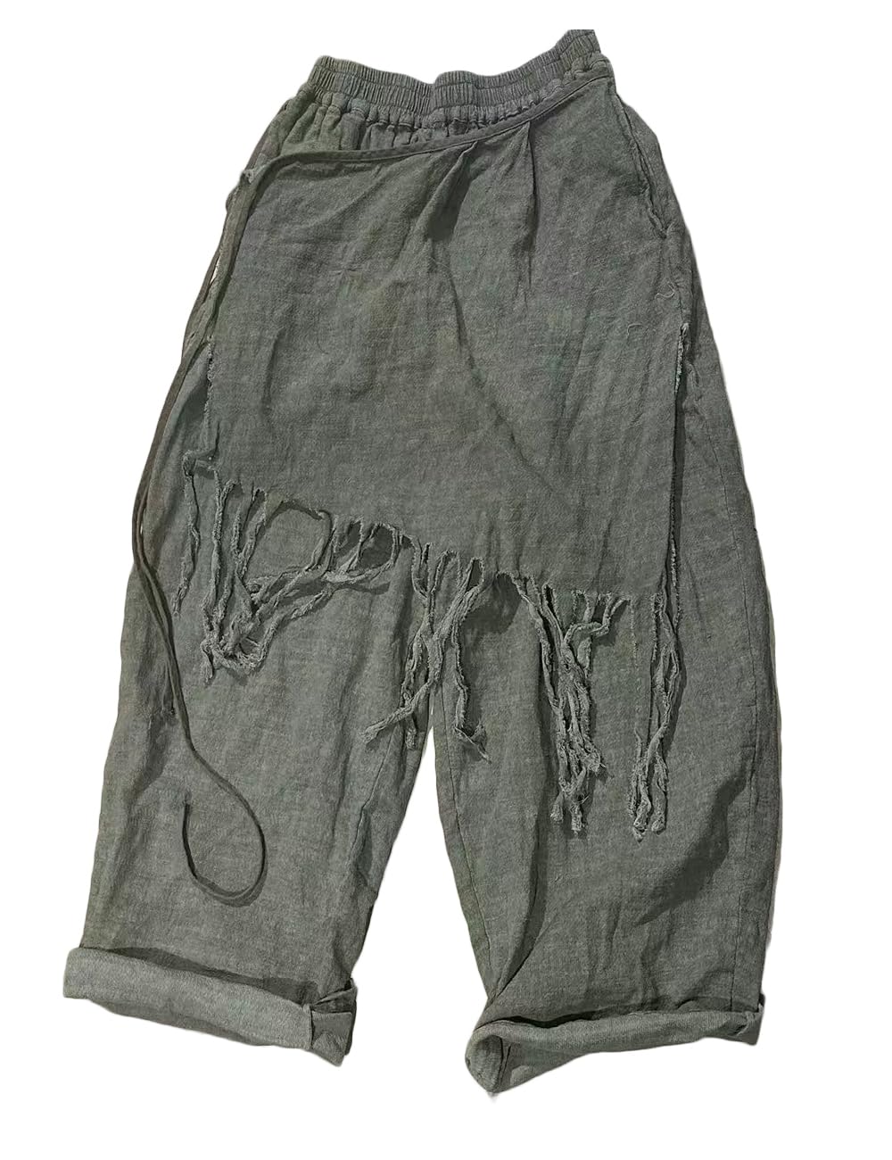 NFYM Women Distressed Tassel Cotton Linen Wide Leg Pants Elastic Waist Irregular Patch Layered Trouser