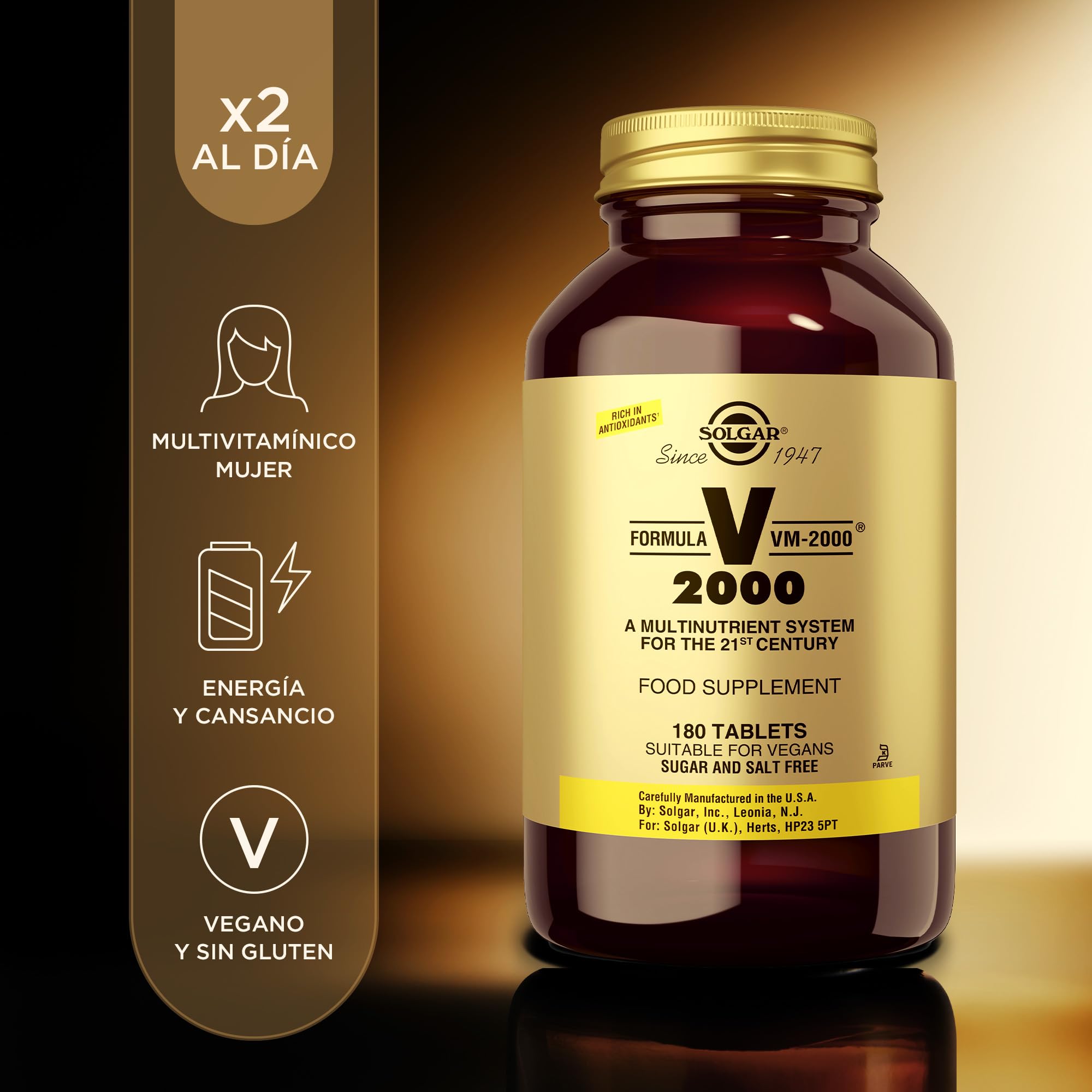 Solgar VM-2000 Fórmula Multinutriente de Alta Potencia | 180 Comprimidos | Con Vitaminas B, C, Hierro Bisglicinato y Aminoácidos | Reduce el Cansancio y Apoya el Metabolismo Energético | Vegano | Contiene zinc, apoya el sistema inmunológico saludable, veg
