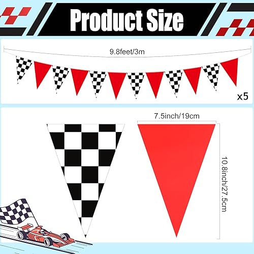 Miniatura 2 de Tiamon 5 banderas de coche de carreras, decoraciones de fiesta, rojo, negro y blanco, triángulo a cuadros de 49.2 pies, banderines de carreras