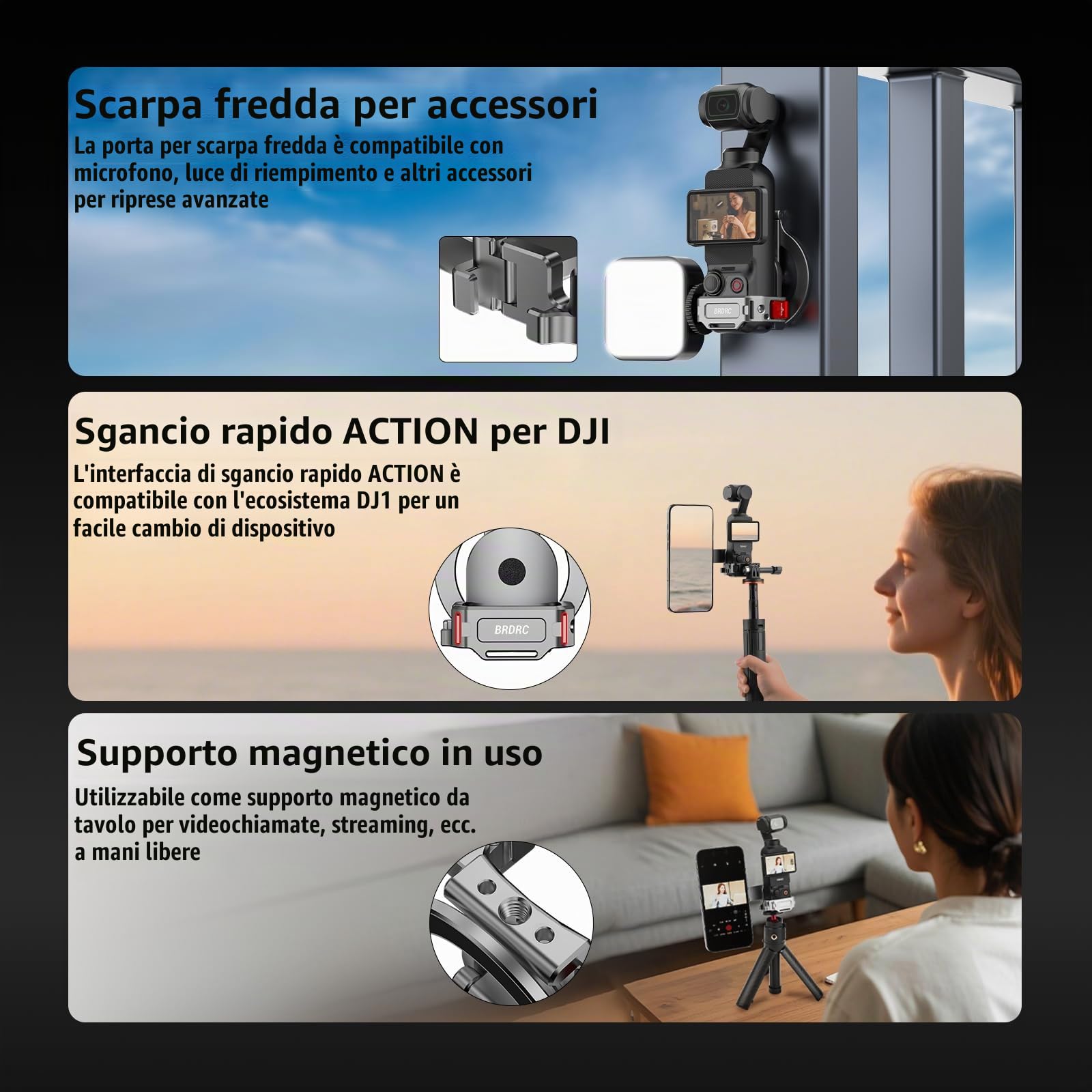 BRDRC Supporto magnetico Pocket 3 4, supporto per telefono, adattatore di espansione magnetica in lega di alluminio con slitta fredda per DJI OSMO Pocket 3 4 Creator Combo accessori